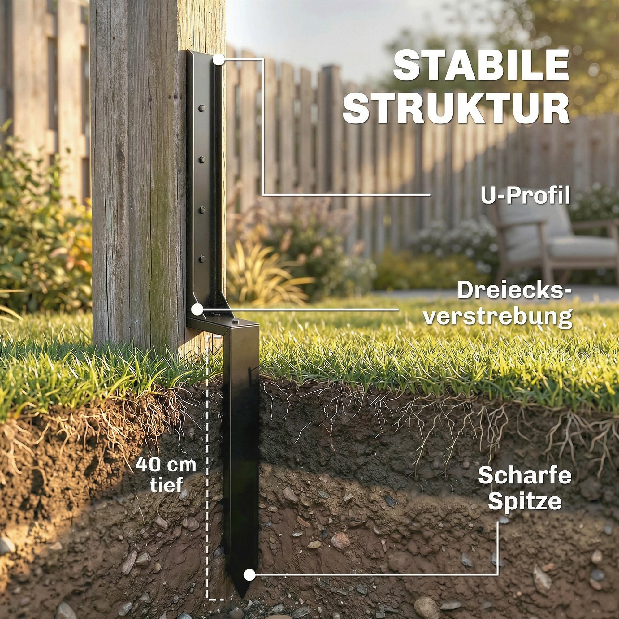 Zaunpfosten Reparaturset 2er-Set Stützpfähle für Zaunpfosten mit Nägeln Bohrer 81 x 5,5 x 12 cm Schwarz