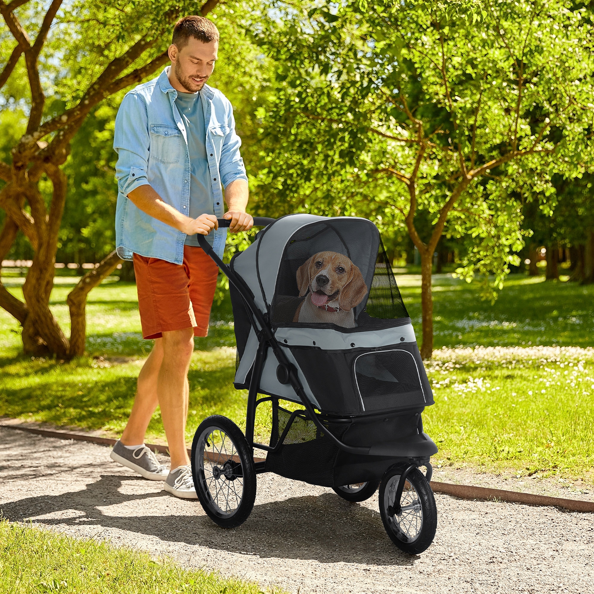 Hundewagen Hundetrolley mit Jogger-Funktion bis 20 kg Klappbar Netzfenster, Ablagekorb, Grau, 111 x 58 x 107 cm
