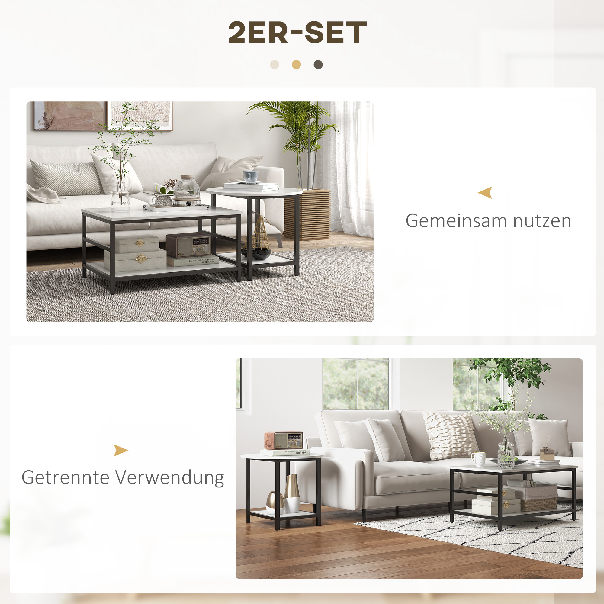 Couchtisch-Set, 2 Beistelltische, Marmoroptik, verstellbare Füße, Stahl, Schwarz/Weiß
