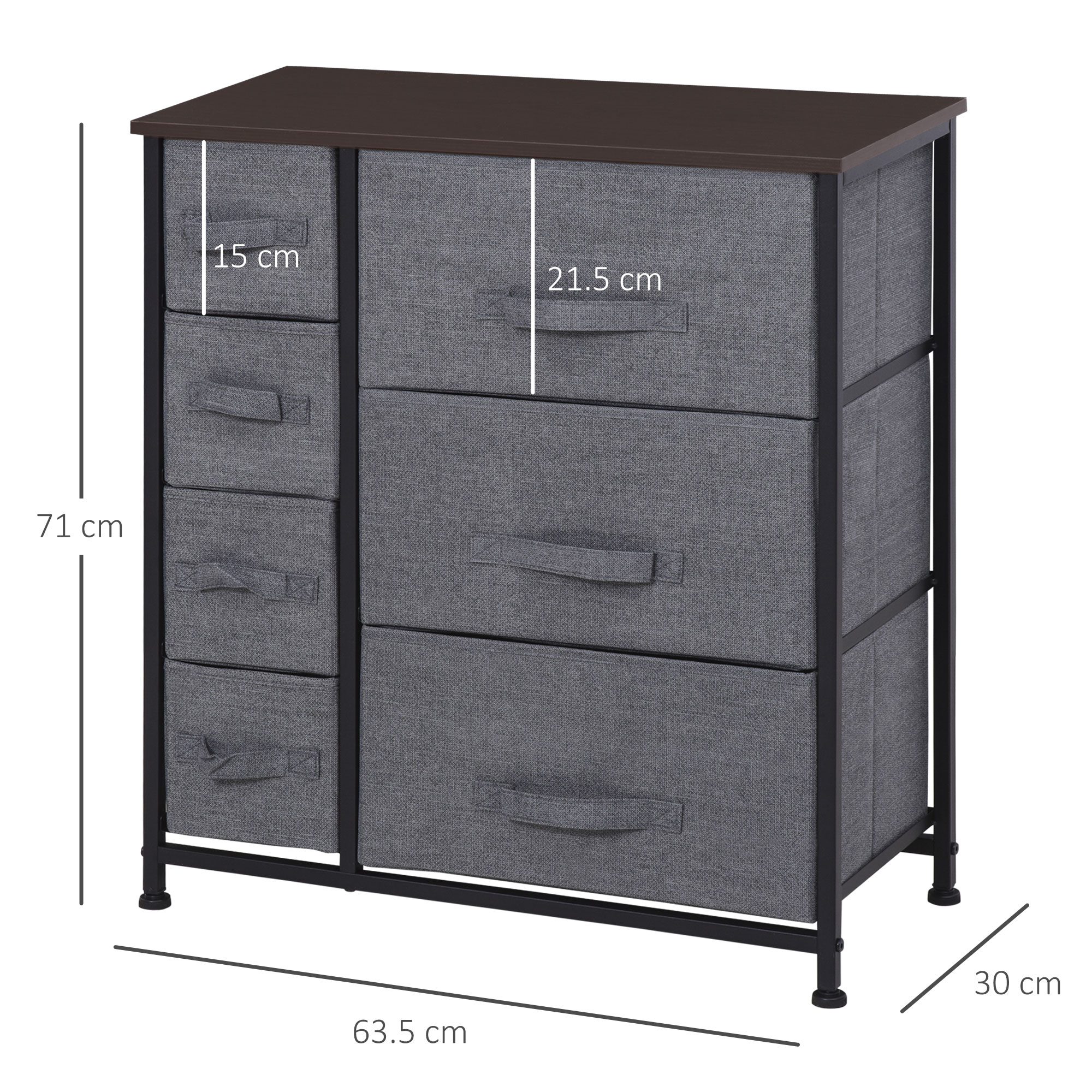 Kommode mit 7 faltbaren Stoffschubladen, Vlies, Metallgestell, 63,5 x 30 x 71 cm, Dunkelgrau