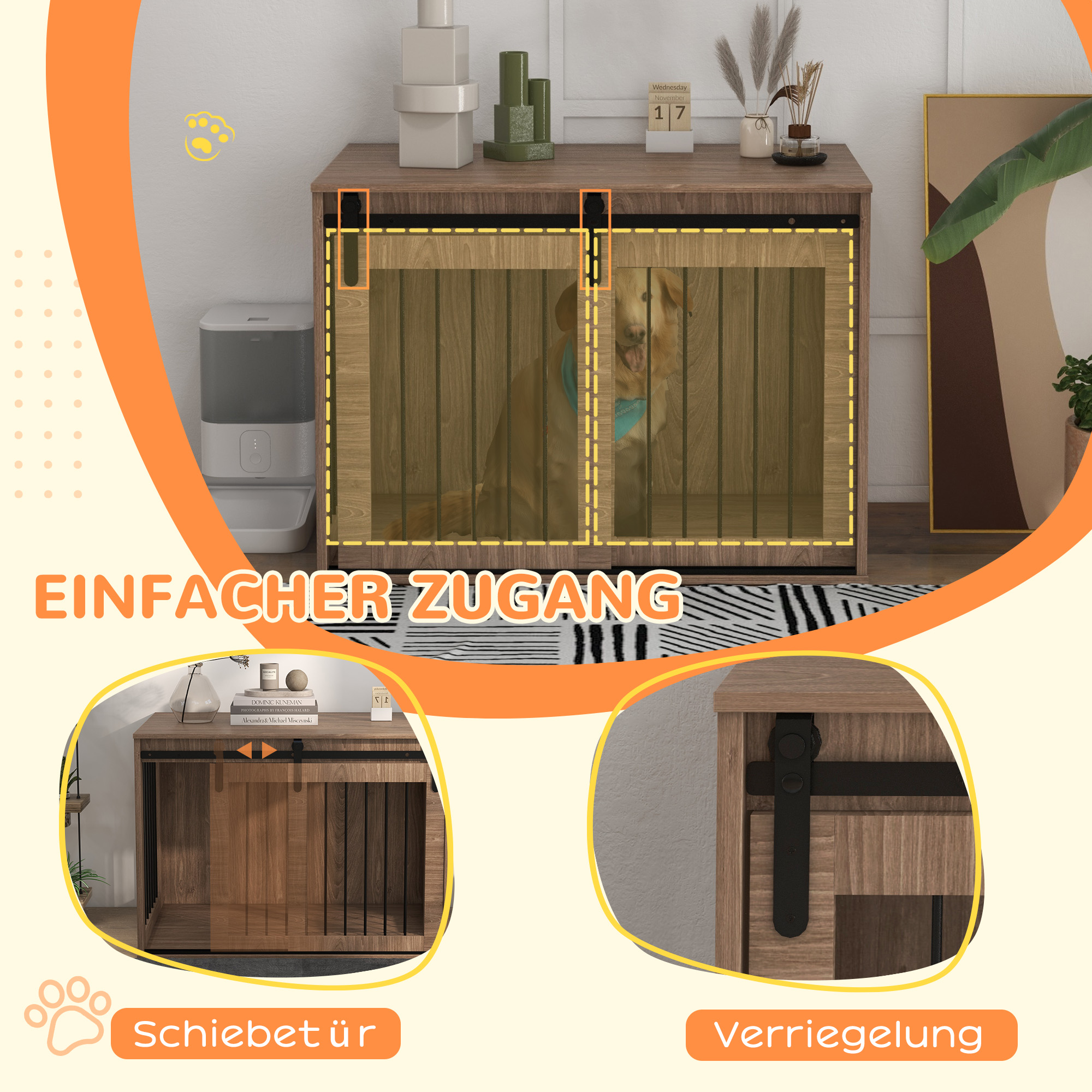 Hundebox Hundekäfig, Verriegelbar, Holzoptik, rustikales Design, 98 cm x 58 cm x 67 cm, Walnuss + Schwarz