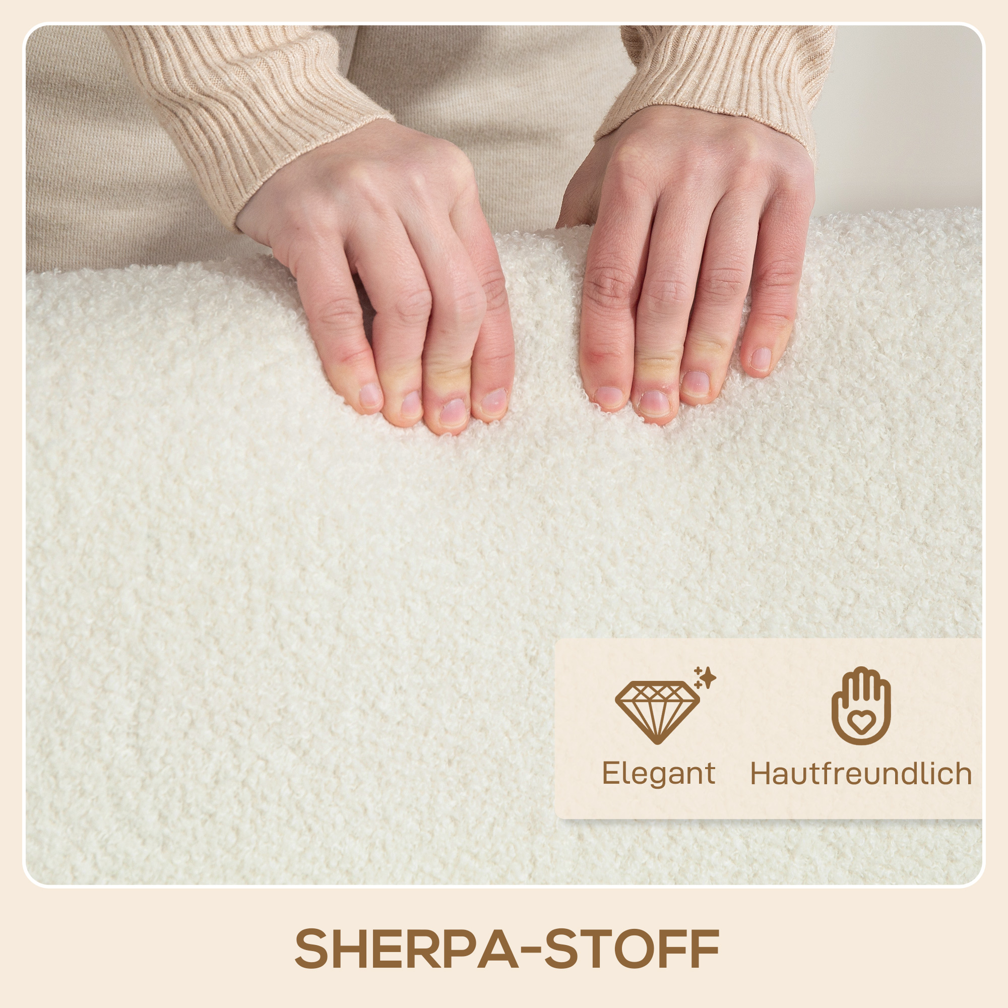 Sessel mit Rückenlehne, Armlehnen, Gepolstert Loungesessel mit Sherpa-Optik, Holzbeine, für Schlafzimmer, Wohnzimmer, bis 120 kg, Cremeweiß