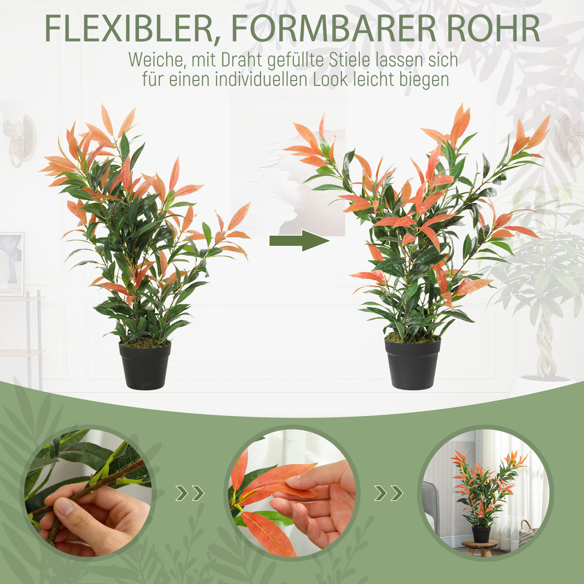 Künstliche Glanzmispel 90 cm Kunstpflanze mit 300 Blättern, anpassbaren Zweigen, 45 x 45 x 90 cm, Rot+Grün