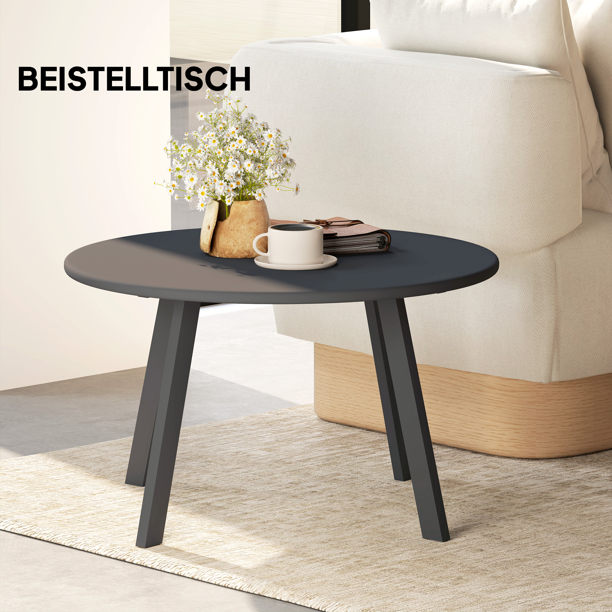 Beistelltisch Balkontisch aus Metall Rund Kaffeetisch wetterfest Gartentisch Ø70 x 42H cm Schwarz