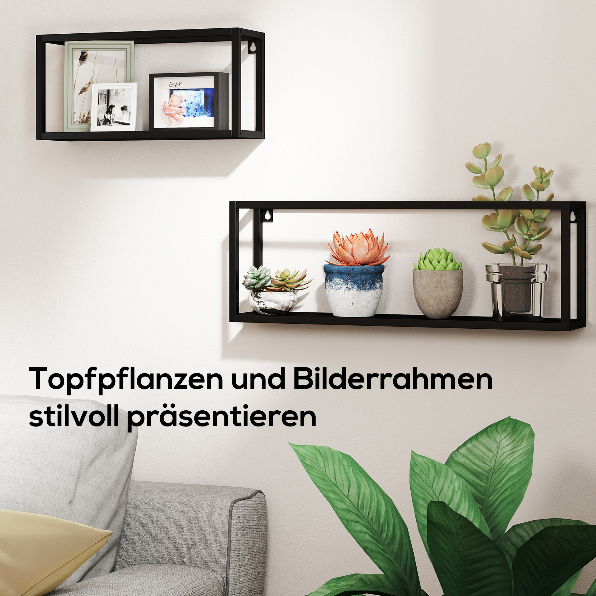 2er-Set Wandregale, 15 kg Tragkraft, für Wandmontage, Stahl, Schwarz