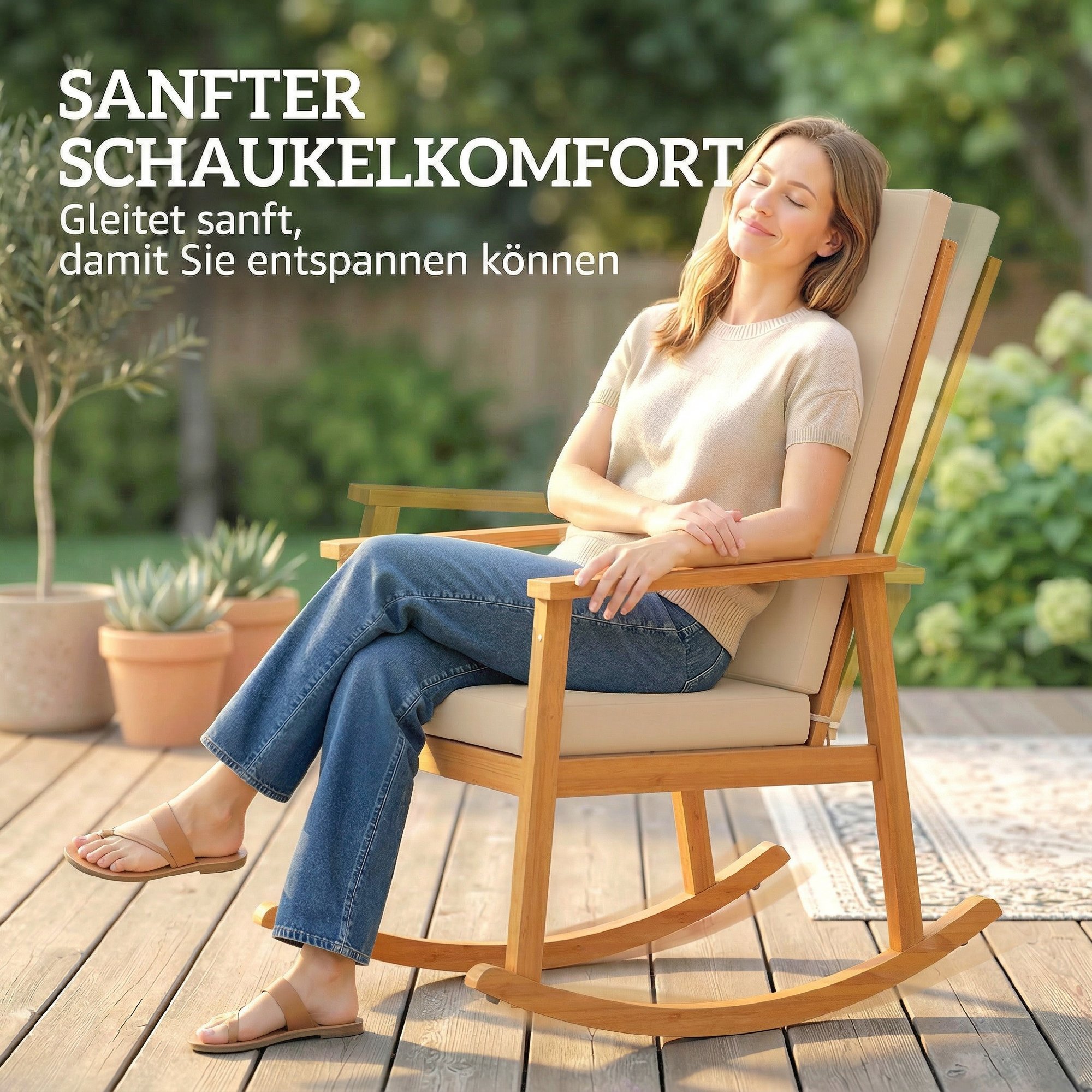 Schaukelstuhl aus Akazienholz Schaukelsessel mit hoher Rückenlehne Kissen bis 160 kg 60 x 89 x 107 cm Beige