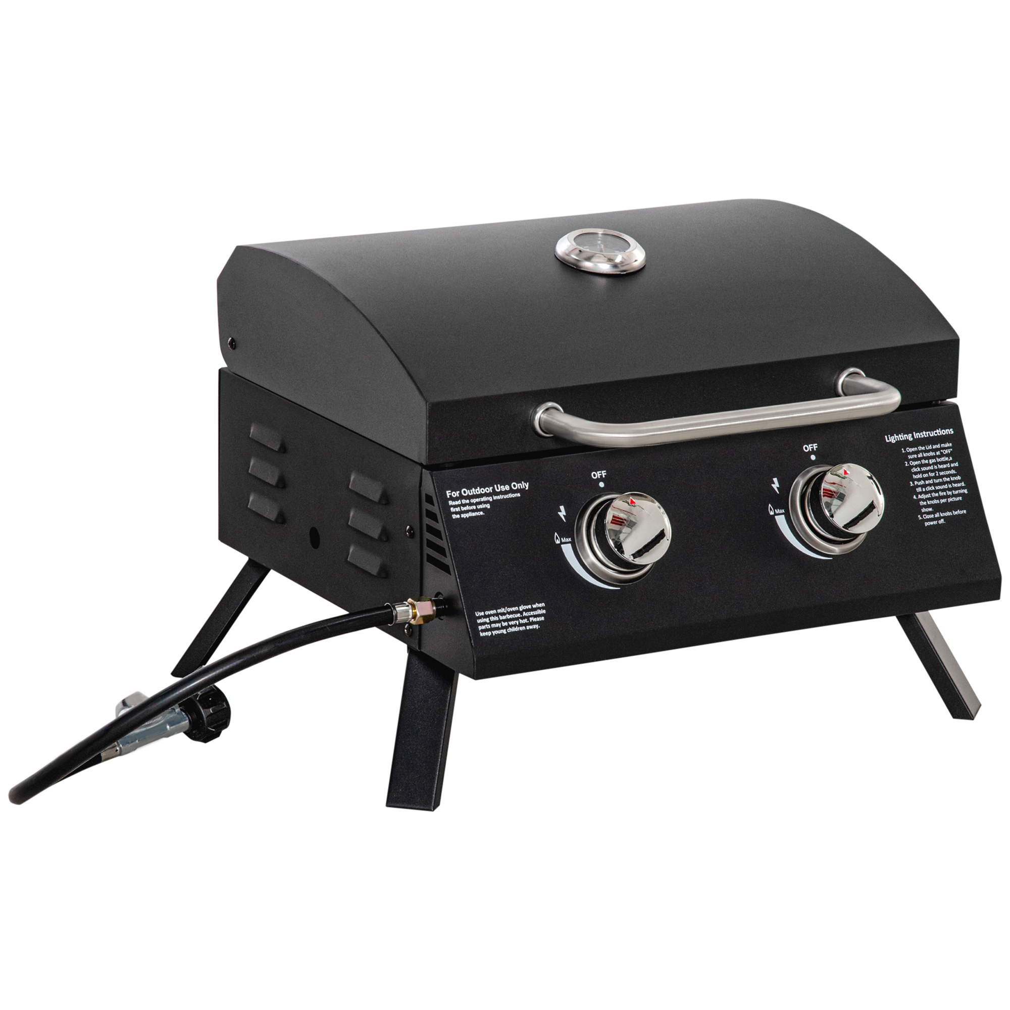 Tischgrill Gasgrill BBQ mit 2 Brennern mobiler Grillwagen Grillnetz klein Outdoor Tischgasgrill Picknick mit Druckminderer Schlauch Edelstahl Schwarz 55 x 46,5 x 41 cm