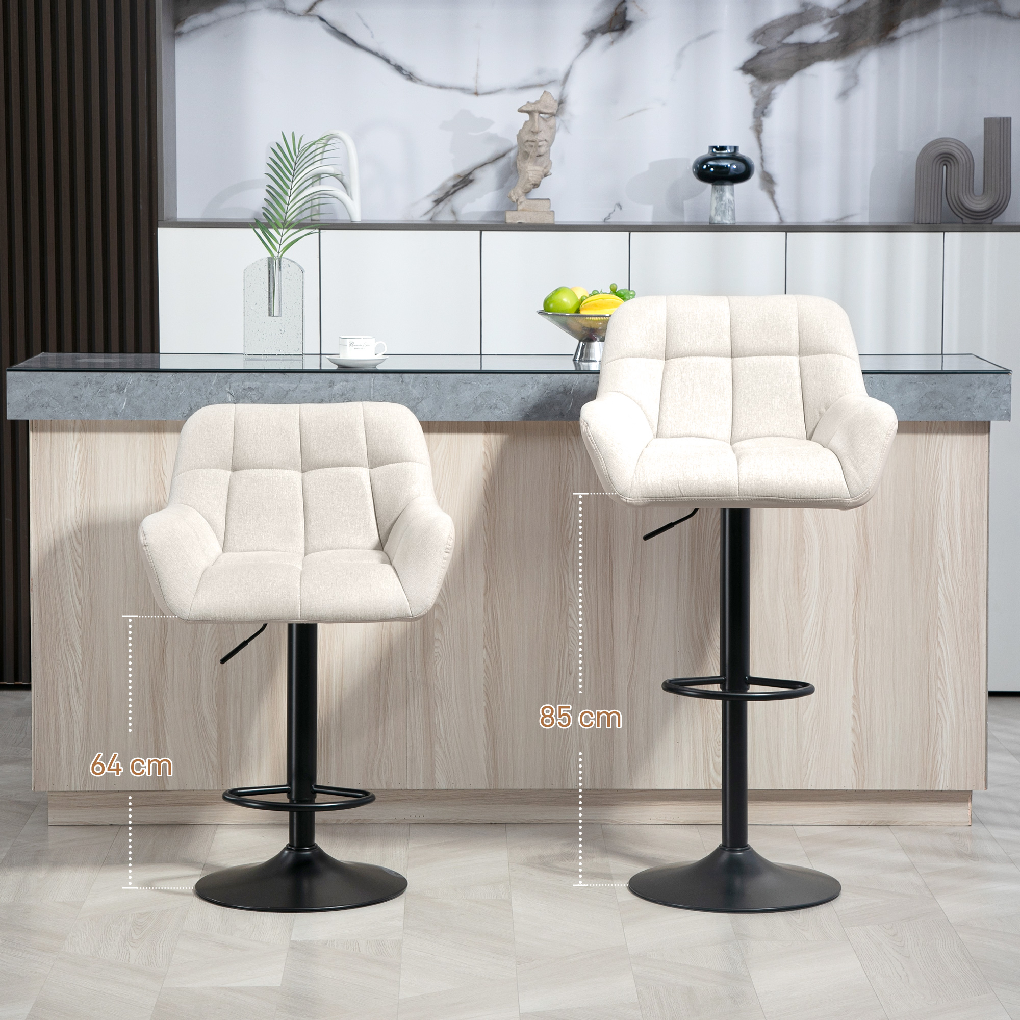 Barhocker 2er-Set Retro-Design höhenverstellbar Kunstleder Leinenoptik Creme + Schwarz