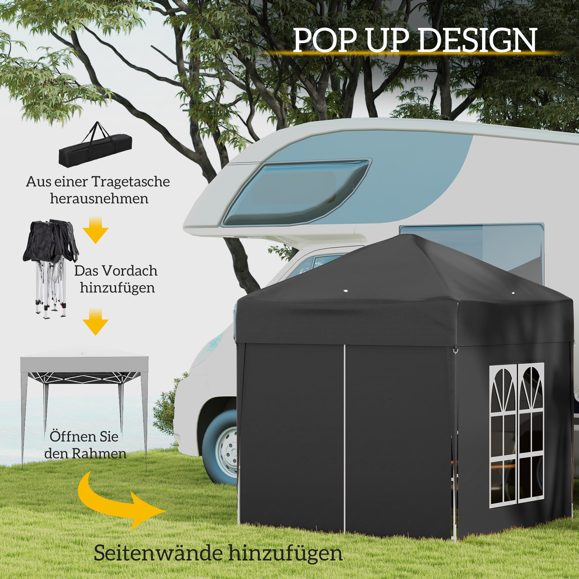 Faltpavillon, Bierzelt, 4 abnehmbare Seitenwände, 2 Fenster, Metallrahmen, 2 x 2m, Schwarz