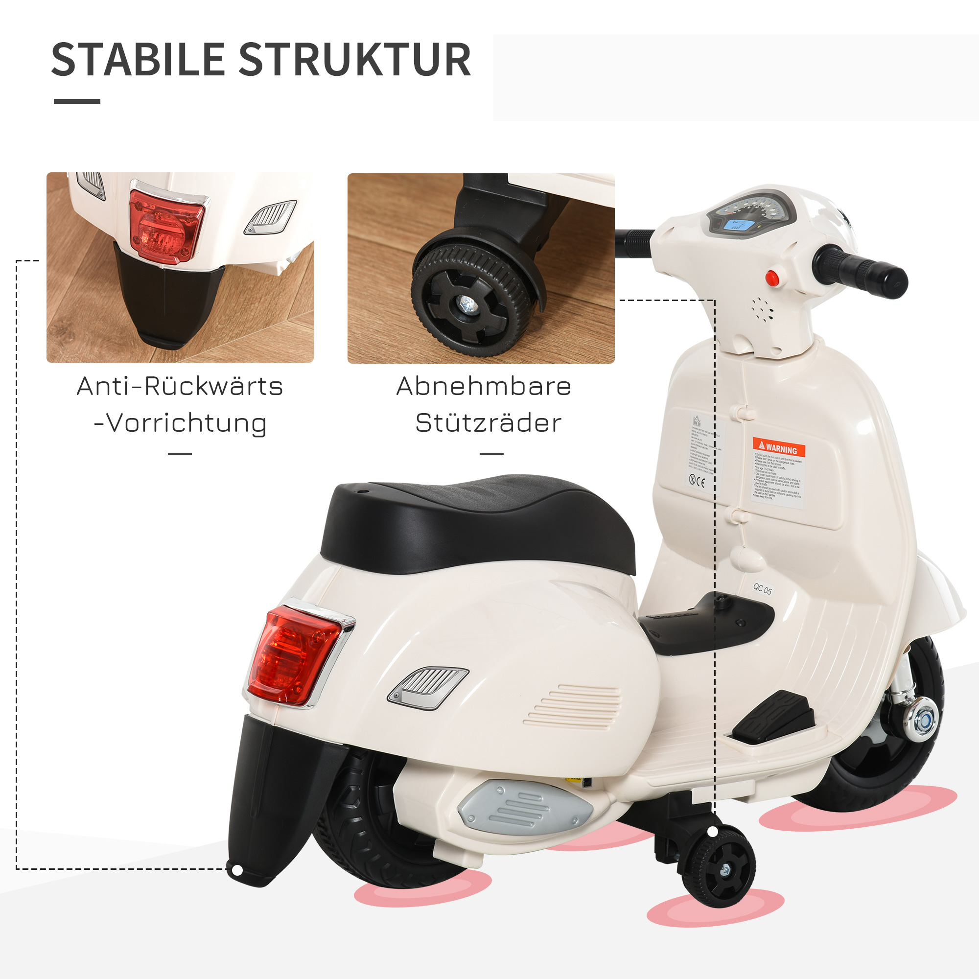 Elektro Kindermotorrad Vespa Elektromotorrad mit LED-Licht, Sound, Kinder Elektro Motorrad für Kinder von 18-36 Monate Weiß
