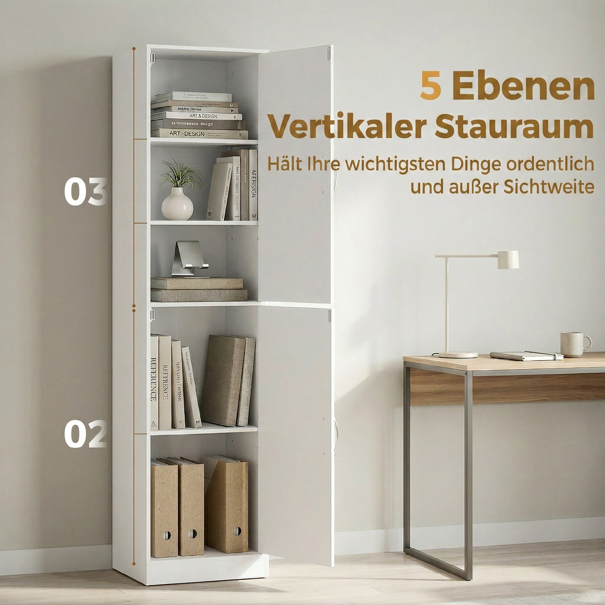 180 cm hohes Bücherregal, modernes 5-stöckiges Regal mit verstellbaren Böden, freistehender Aufbewahrungsschrank, Weiß