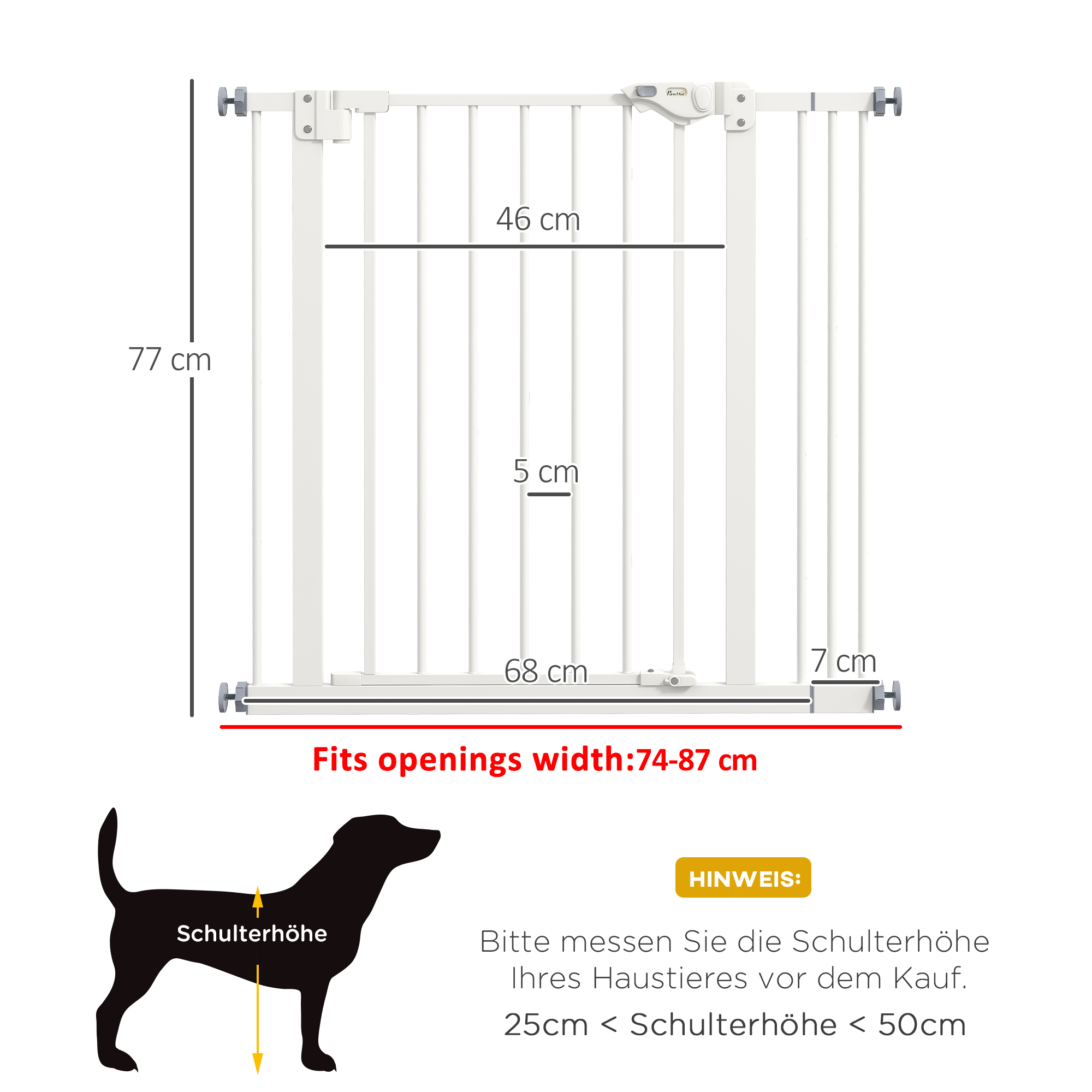 Türschutzgitter für Hunde, Absperrgitter, Schutzgitter für Haustiere, Metall, Kunststoff, 74-87 cm, Weiß