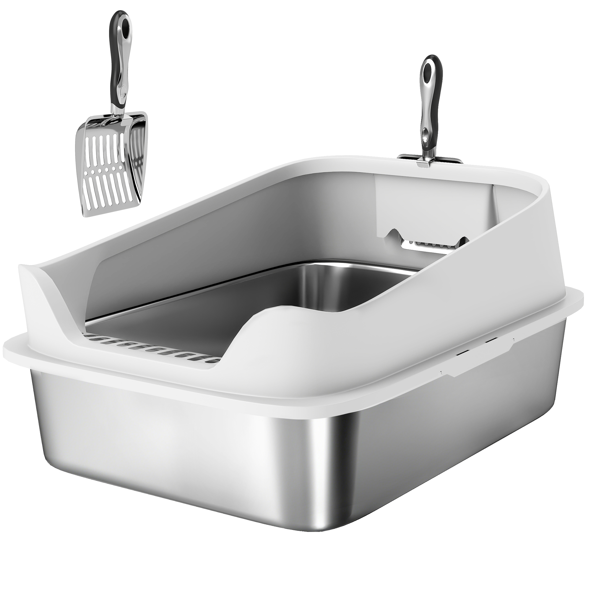 Katzentoilette Edelstahl Offene Katzenklo mit Schaufel hohem Rand für große Katzen bis 7 kg, 60,2 x 40,2 x 29,7 cm, Grau