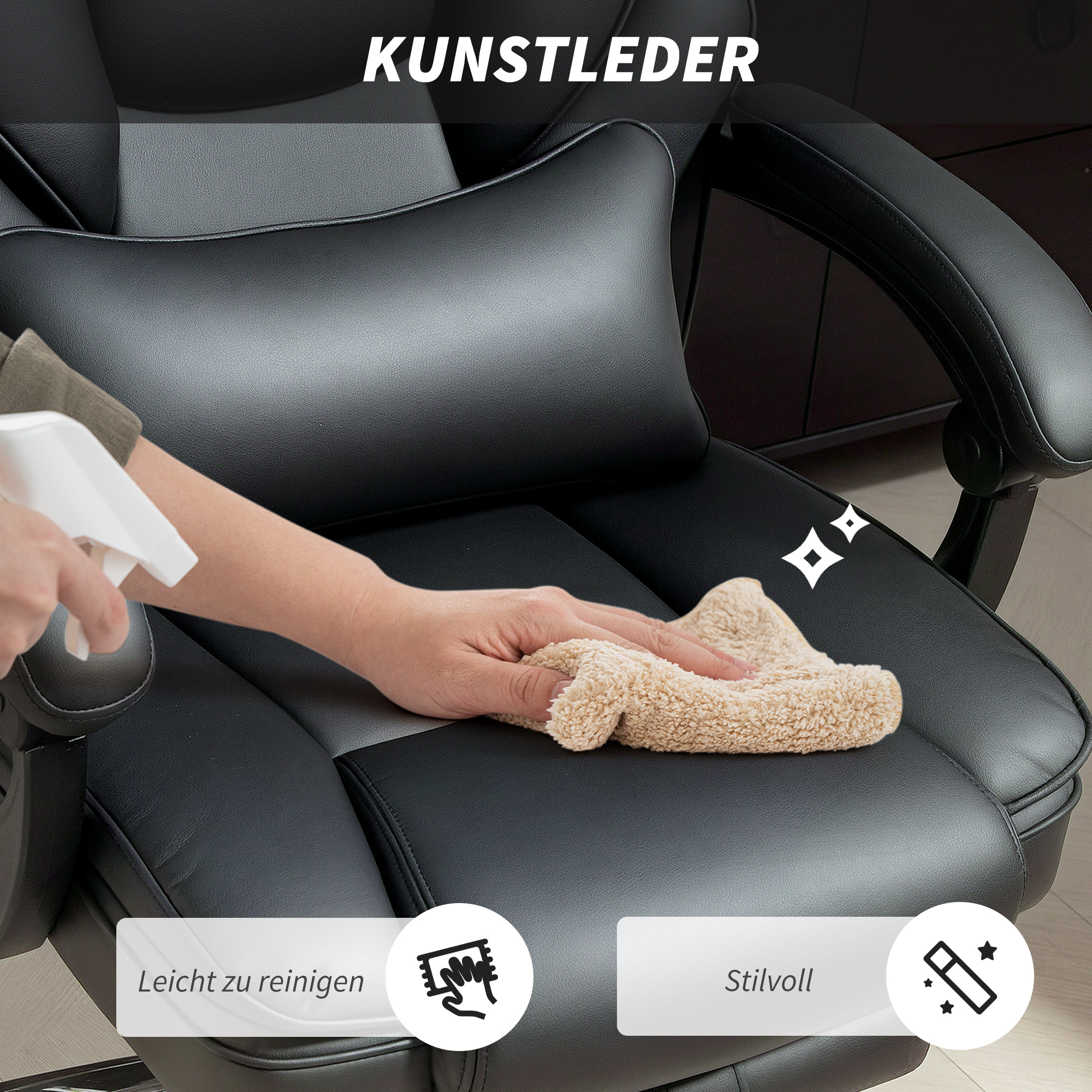 Bürostuhl Ergonomischer Höhenverstellbarer Drehstuhl mit Lendenwirbelstütze, Armlehne, Fußstütze, PU-Leder, Schwarz