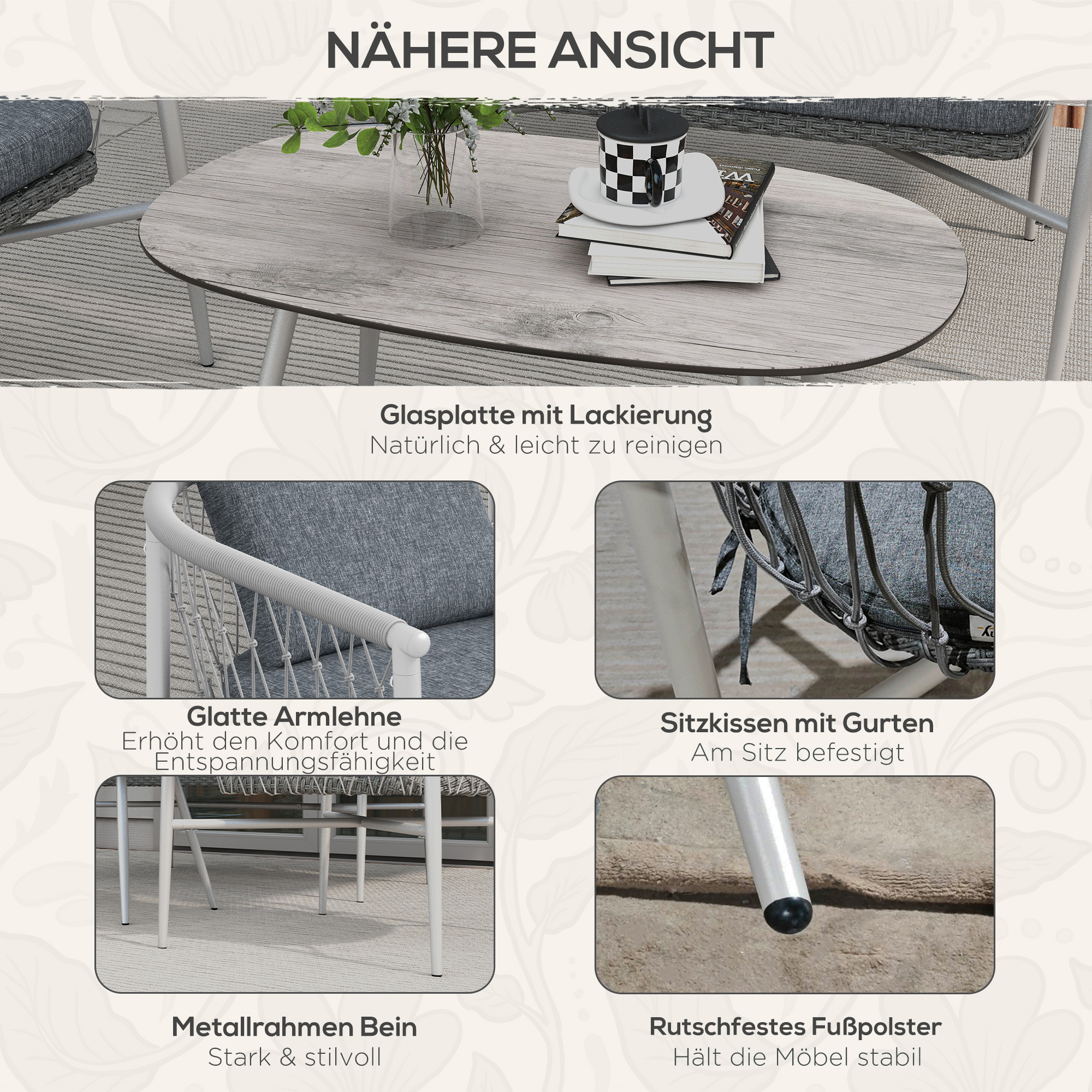 Gartengarnitur, 4-teilig, Schaukelfunktion, Sitzauflagen, Polyrattan, Metallgestell, Grau