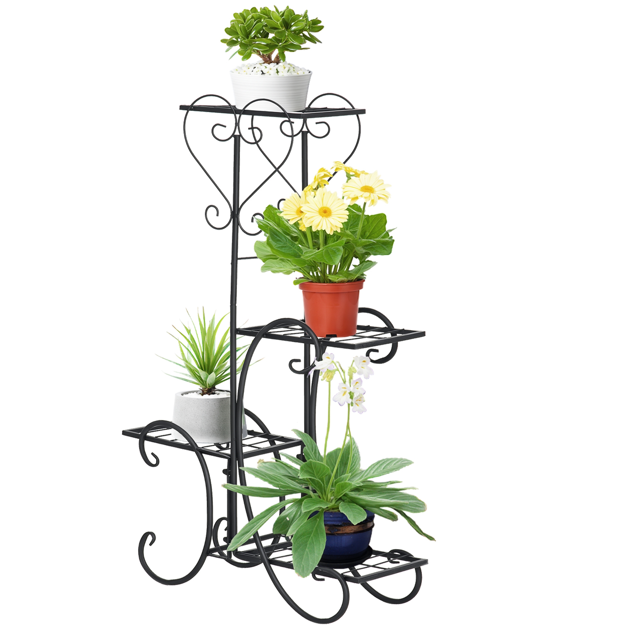 Blumenständer Blumenregal aus Metall 4 Ebenen Pflanzenregal Blumentreppe Blumenständer für innen und außen Garten Balkon Schwarz 45 x 24,5 x 80 cm