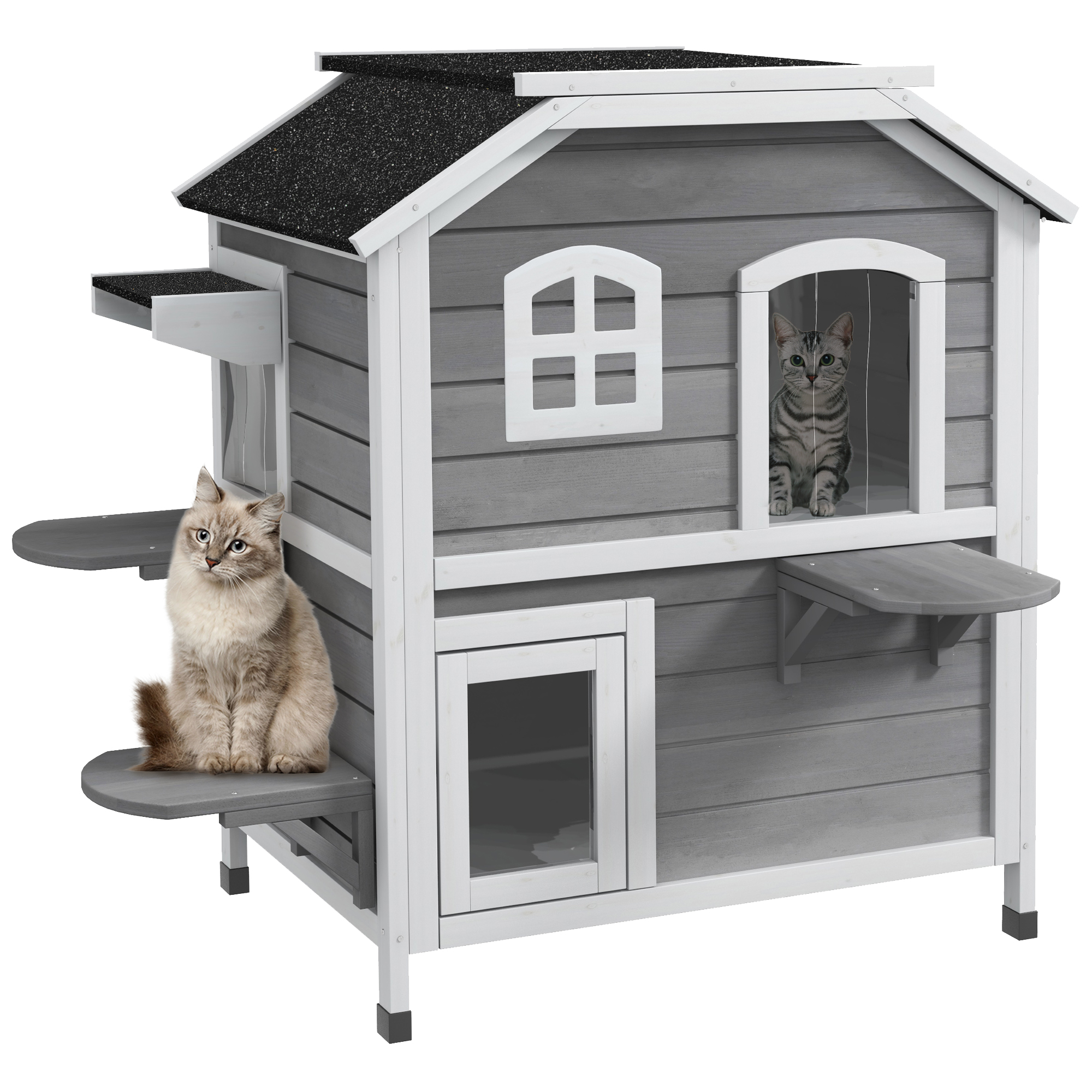 Katzenhaus aus Holz 2-Etagen Winterfest wasserdicht Katzenhütte mit Asphaltdach klappbarem Deckel Treppe Katzenhöhle Outdoor Schutzhütte für Draußen Garten Balkon 99,5 x 76 x 91 cm Grau