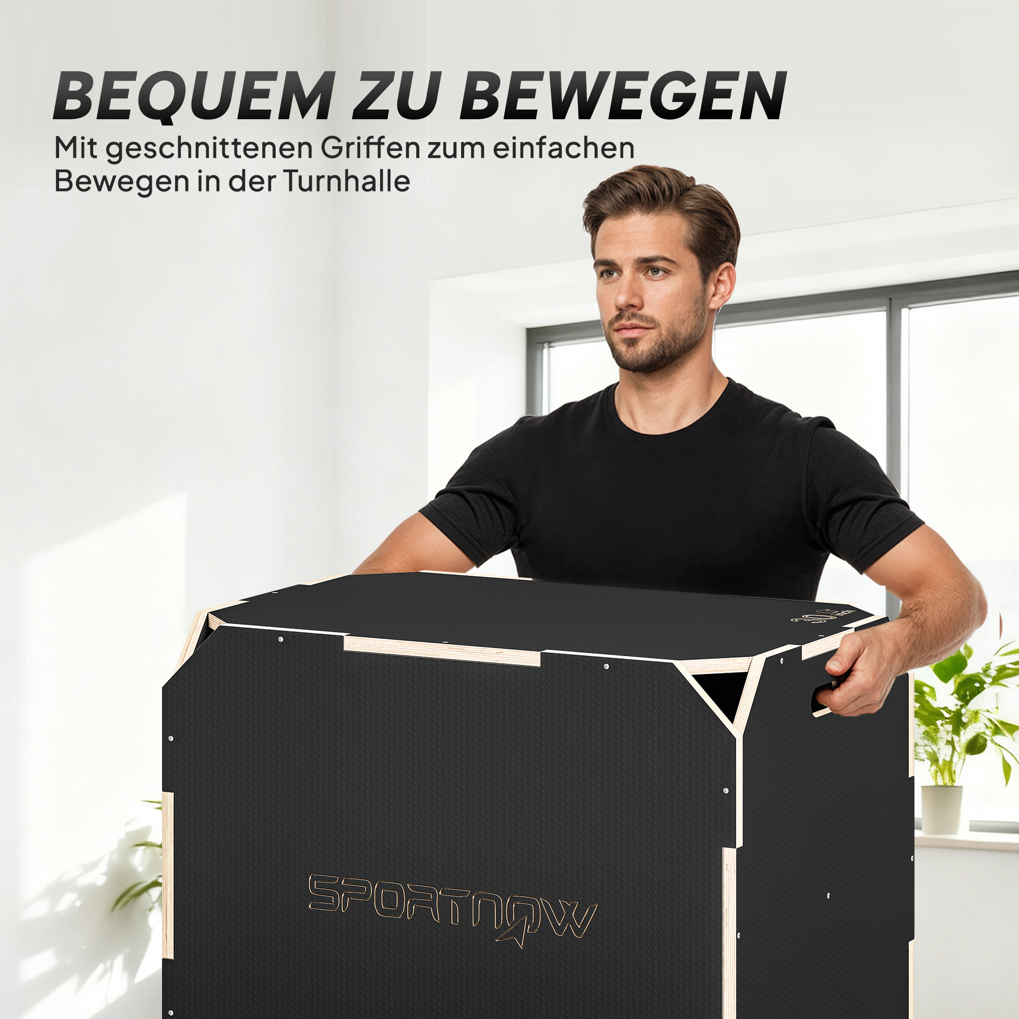 3-in-1 Plyo-Box, Sprungbox mit Griff-Öffnungen, für Home-Fitness und Outdoor-Workouts, 3 Sprunghöhen, Holz, Schwarz
