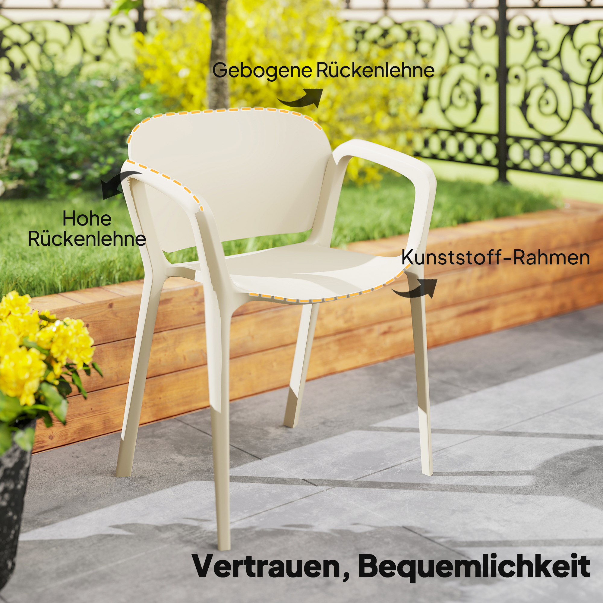 Gartenstuhl 4er Set wetterfest Gartenstühle aus Kunststoff Stapelstuhl mit Armlehne Rückenlehne bis 120 kg belastbar