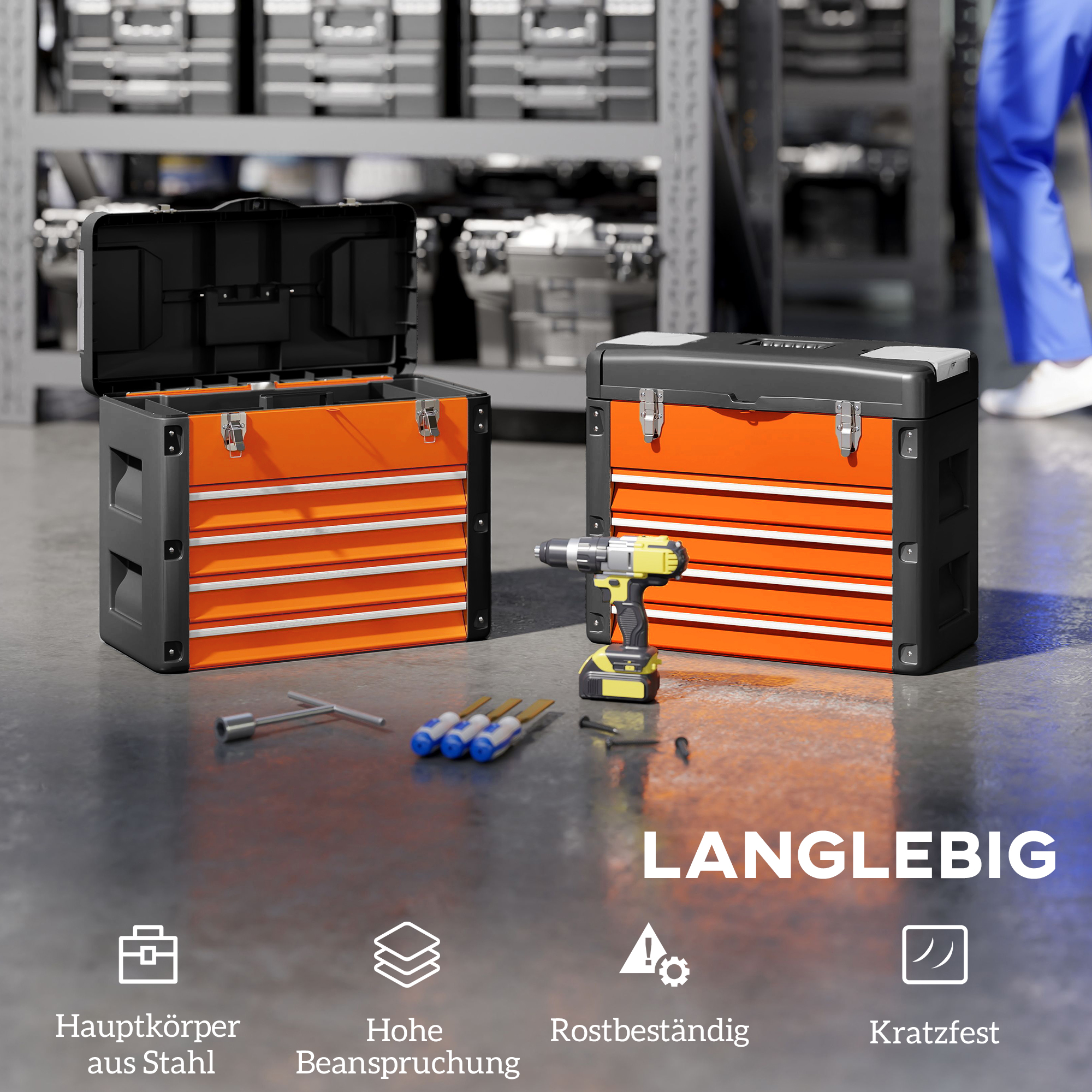 Werkzeugkiste leer, 49,7 x 25,3 x 40,7 cm Werkzeugkasten mit 4 Schubladen, Mini-Box Stahl Orange