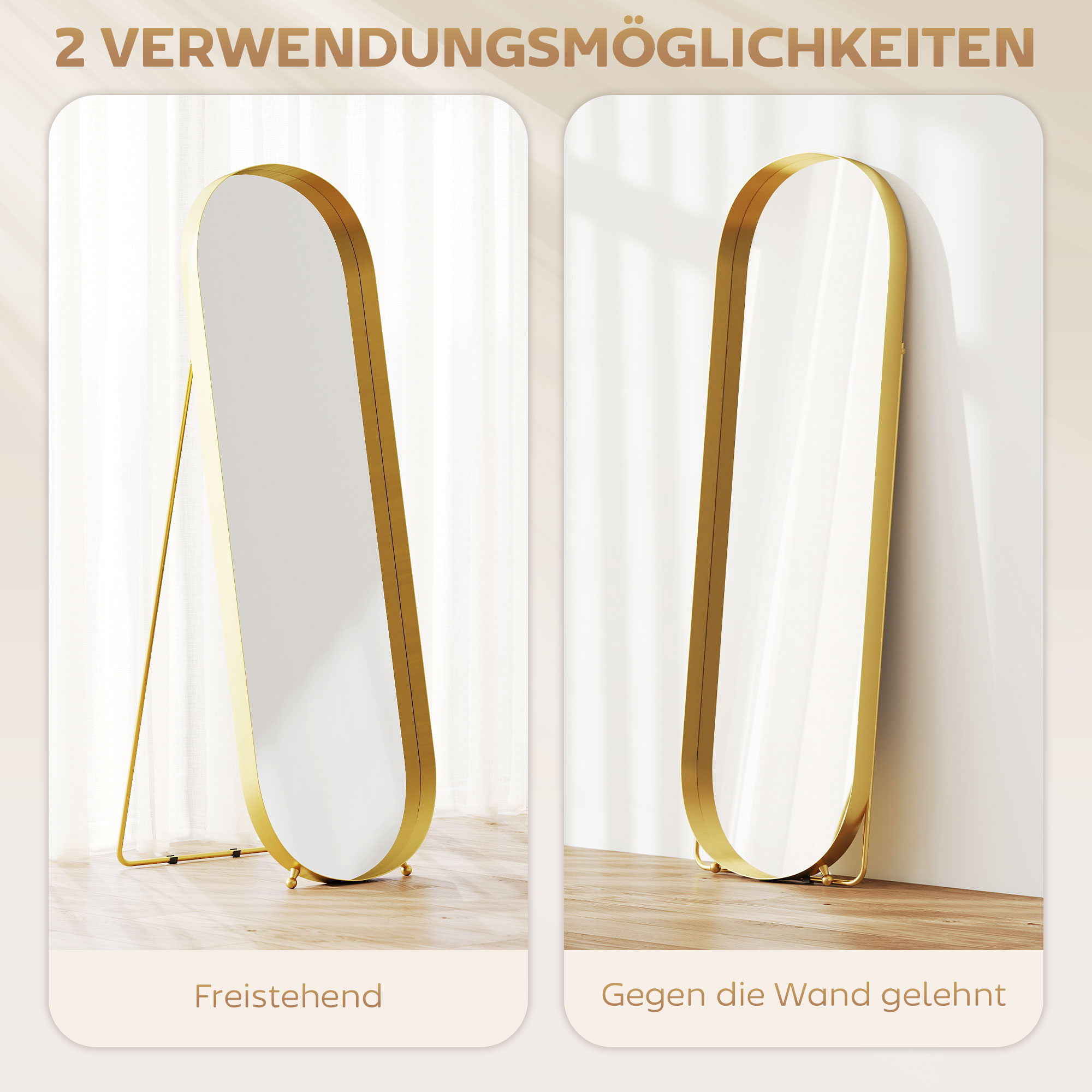 Ganzkörperspiegel mit Metallrahmen, 160 x 50 cm, goldfarbener Rahmen, für Wohnzimmer, Schlafzimmer