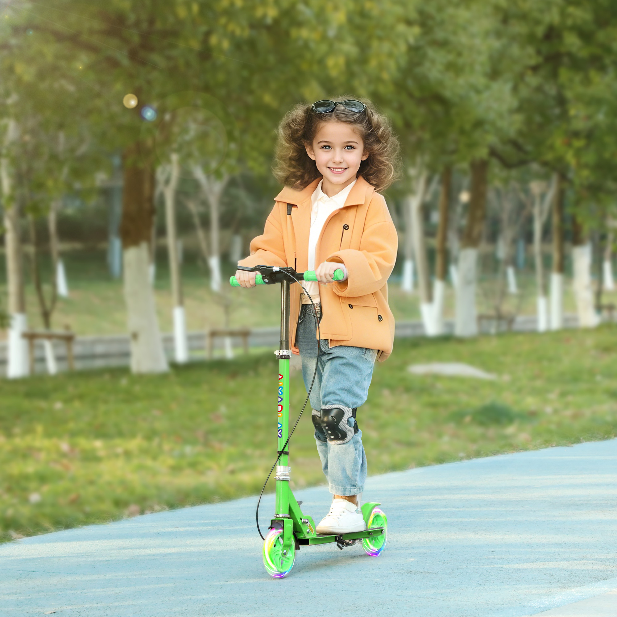 Kinderroller, Doppelte Bremsen, Metallrahmen, Fußstütze, faltbar, 3-8 Jahre, Grün