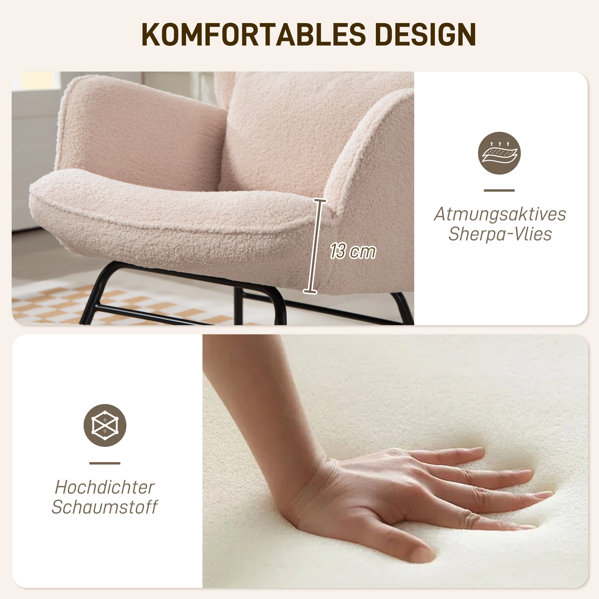 Schaukelstuhl mit Fußhocker, weicher Fleece-Bezug, Holzbeine, Kissen, hohe Rückenlehne, Schaukelsessel, Beige