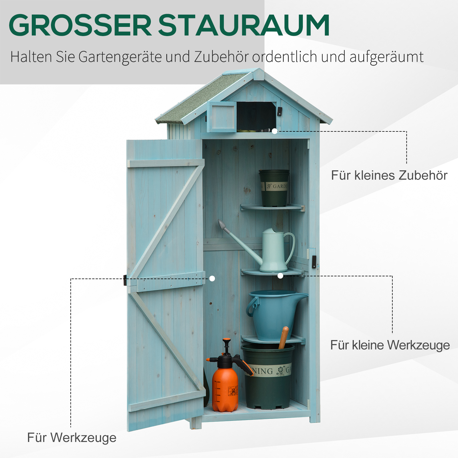 Gartenschrank Holz, Geräteschuppen wetterfest 77x54,2x179cm, Gerätehaus mit Tür, Satteldach, Geräteschrank mit Böden, Werkzeugschrank Gartenschuppen für Garten, Terrasse, Hellblau+Grün