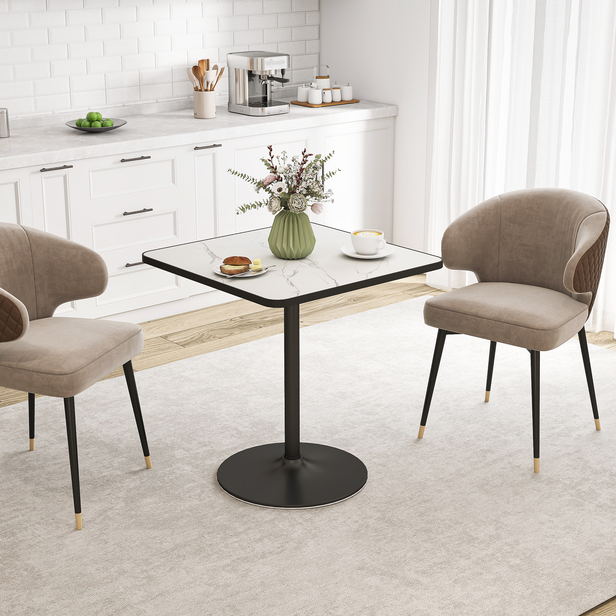 Esstisch, 70 x 70 cm quadratischer Küchentisch für 4 Personen mit Marmor-Optik für Küche Weiß