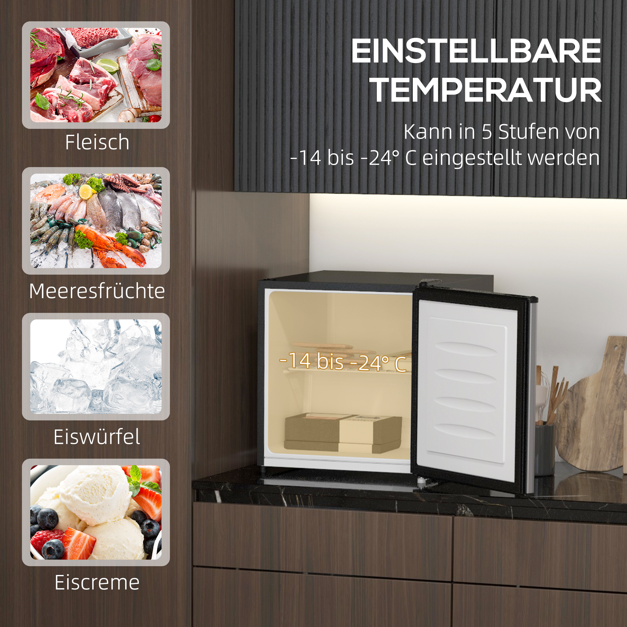 Mini-Gefrierschrank, 35 L Minikühlschrank, -14 bis -24℃, 5-stufige Temperaturregelung, 47 x 44,2 x 48,8 cm, Silber