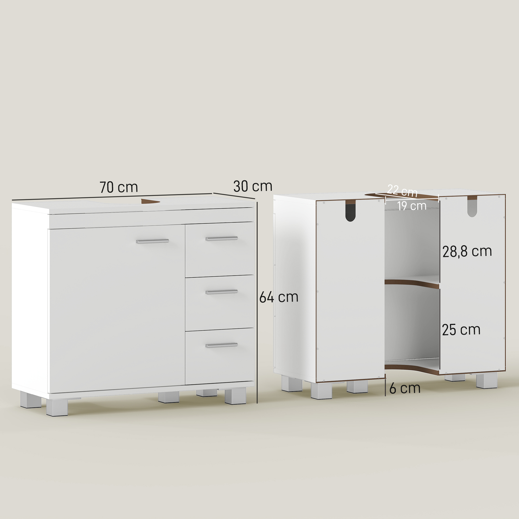 Unterschrank für Waschbecken, 2 Regale, 3 Schubladen, MDF-Struktur, Weiß