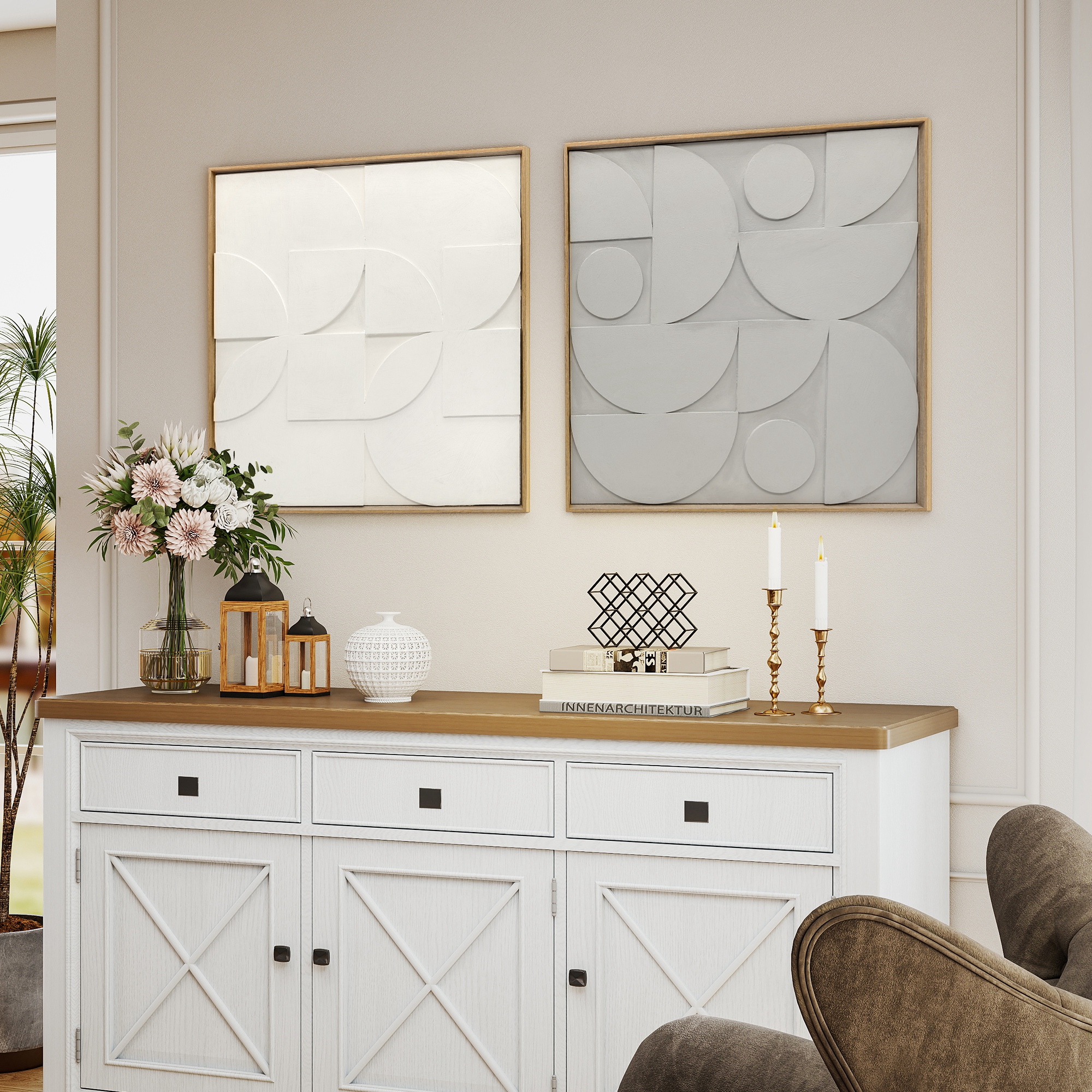 Wanddeko 3D 2er Set geometrisch Wanddekoration Modern Wand Deko für Wohnzimmer, Flur, 80 x 3,5 x 80 cm, Weiß