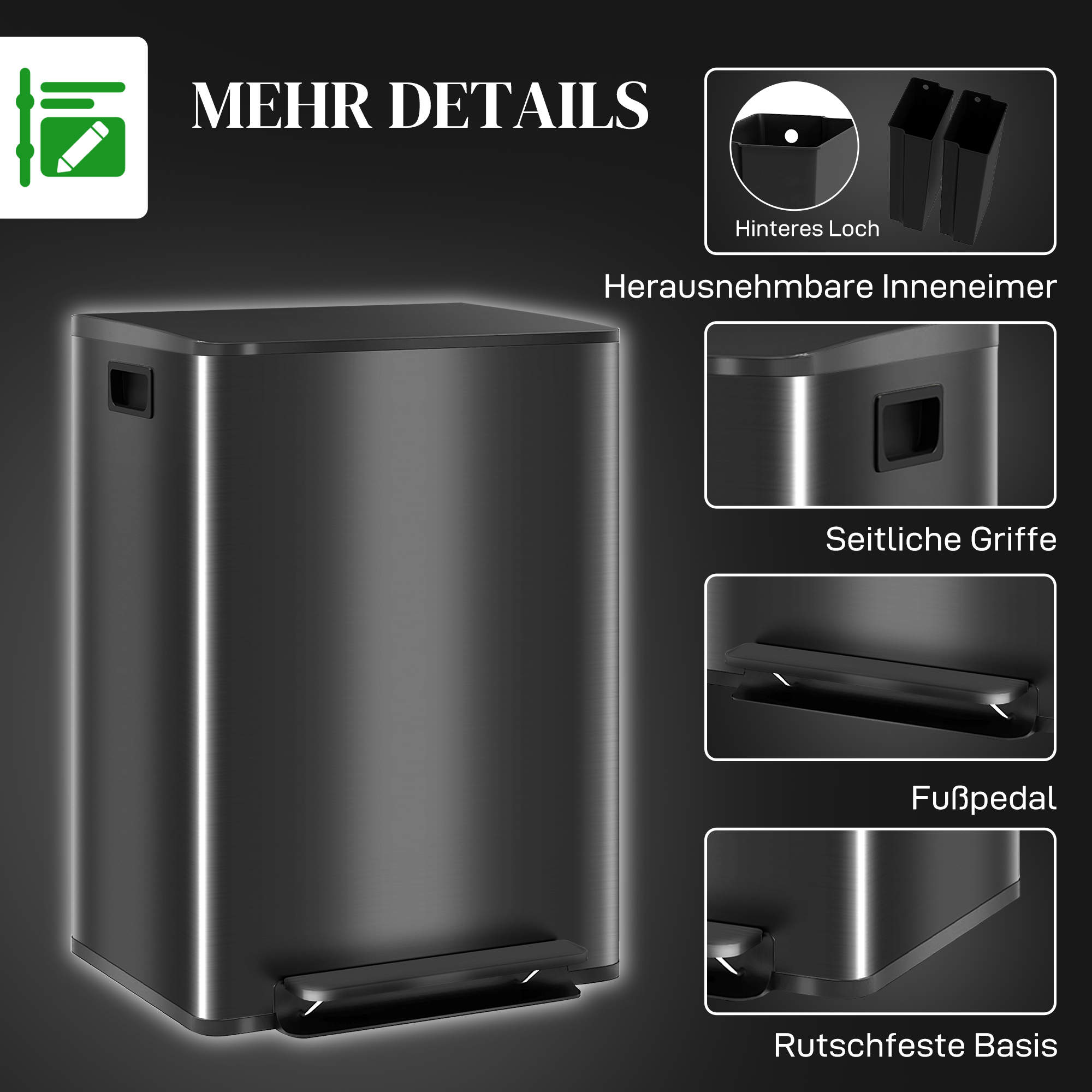 Mülleimer mit 2x30L Fächern, Soft-Close-Deckel, Fingerabdrucksicher, Edelstahl, Schwarz