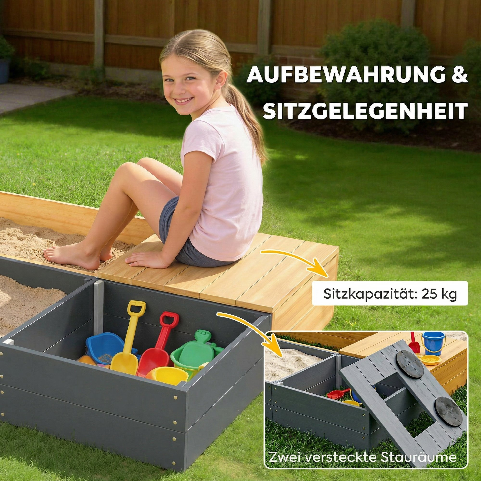 Sandkasten 2-teilig 150x90cm Holz Sandkiste mit Sitzbank Stauraum Herd herausnehmbarem Waschbecken Abakusperlen Gelb