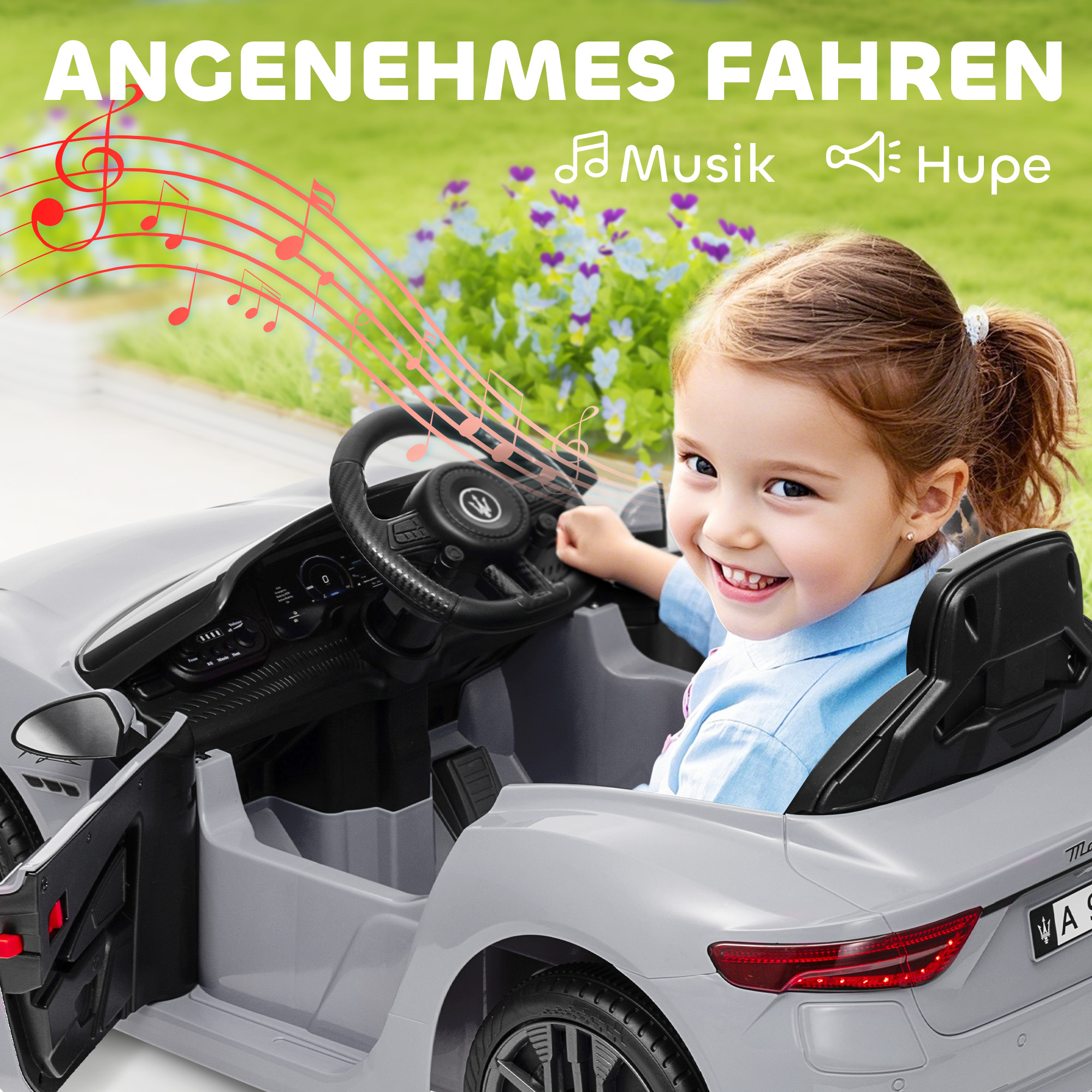 12V Kinder-Elektroauto, Kinderfahrzeug mit LED-Lichtern, Musik, Hupe, für Kinder von 3-5 Jahren, Grau