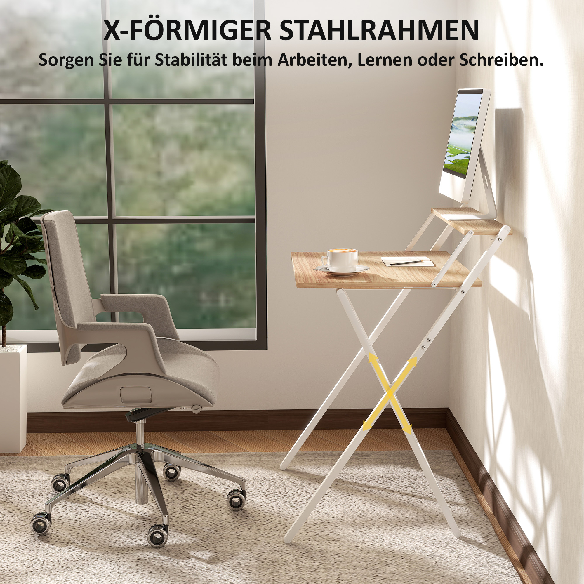 Schreibtisch mit Monitorständer, 70 cm Klappbarer Computertisch für Homeoffice, Kleine Räume, Natur