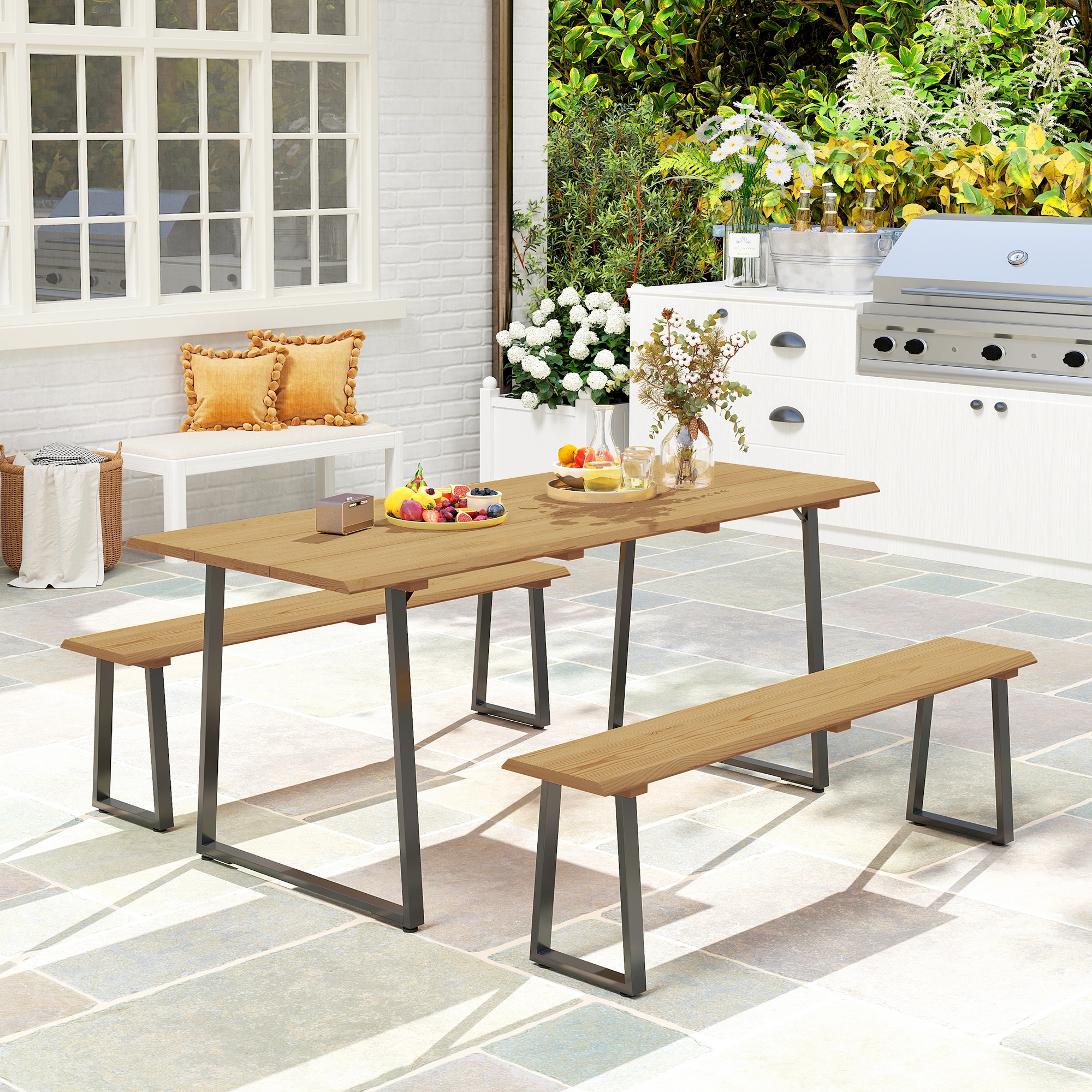 Sitzgruppe 3-teilig Holz Essgruppe für 6 Personen Esstisch mit 2 Bänke Schirmloch Holztisch 178 x 76 x 77 cm Naturholz