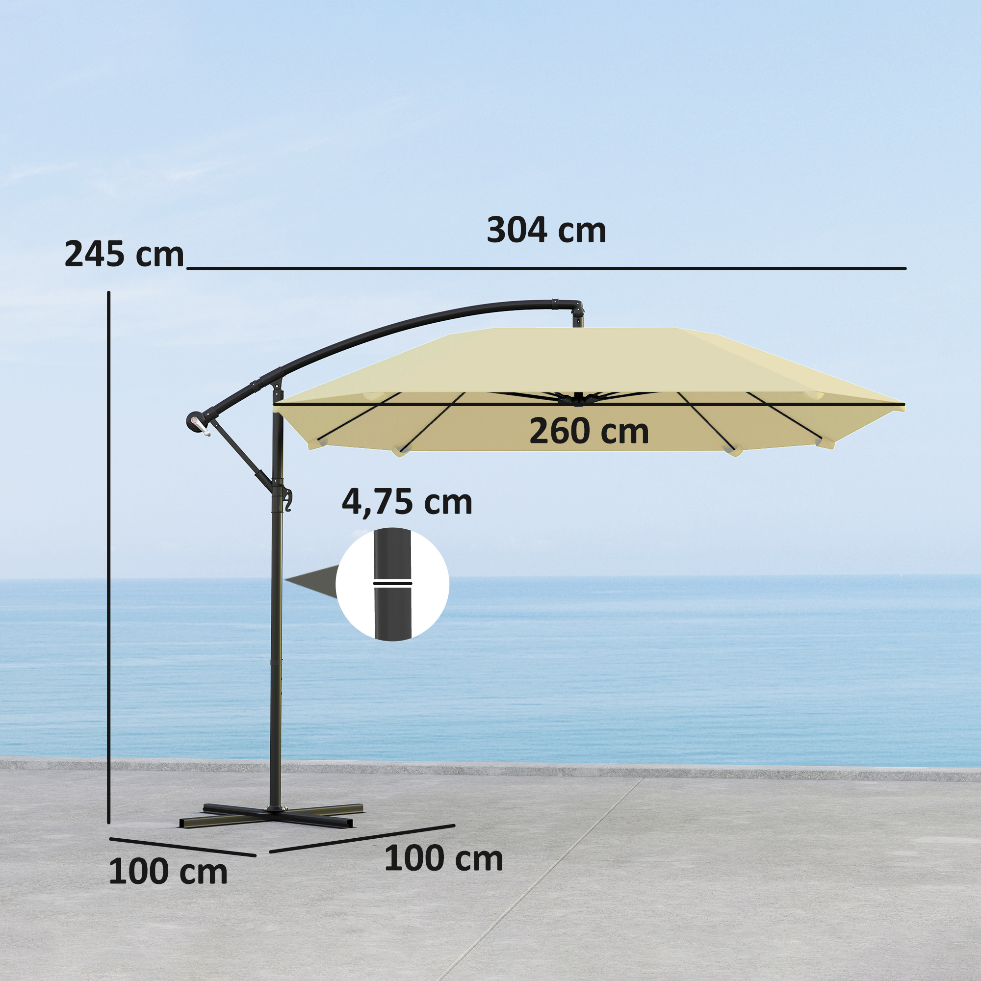 Ampelschirm Alu Ø 260 cm Sonnenschirm, wasserdicht Kurbelschirm mit Ständer, Kurbel, Beige
