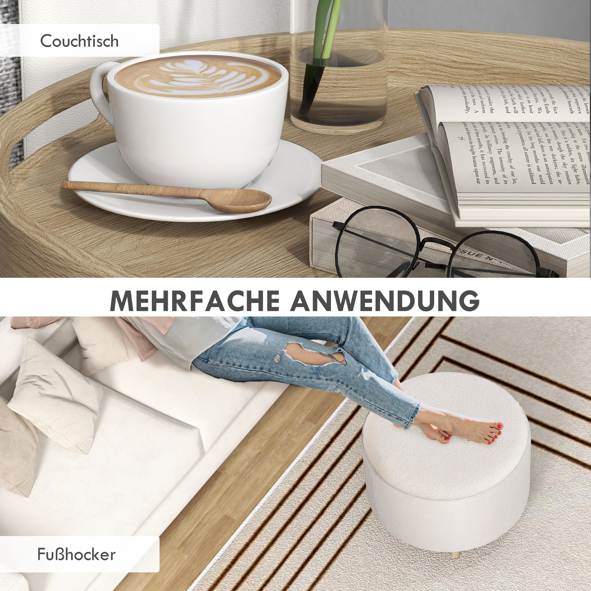 Hocker Polsterhocker, Teddyfleece, versteckter Stauraum, umkehrbarer Deckel, 56 cm x 56 cm x 42 cm, Weiß