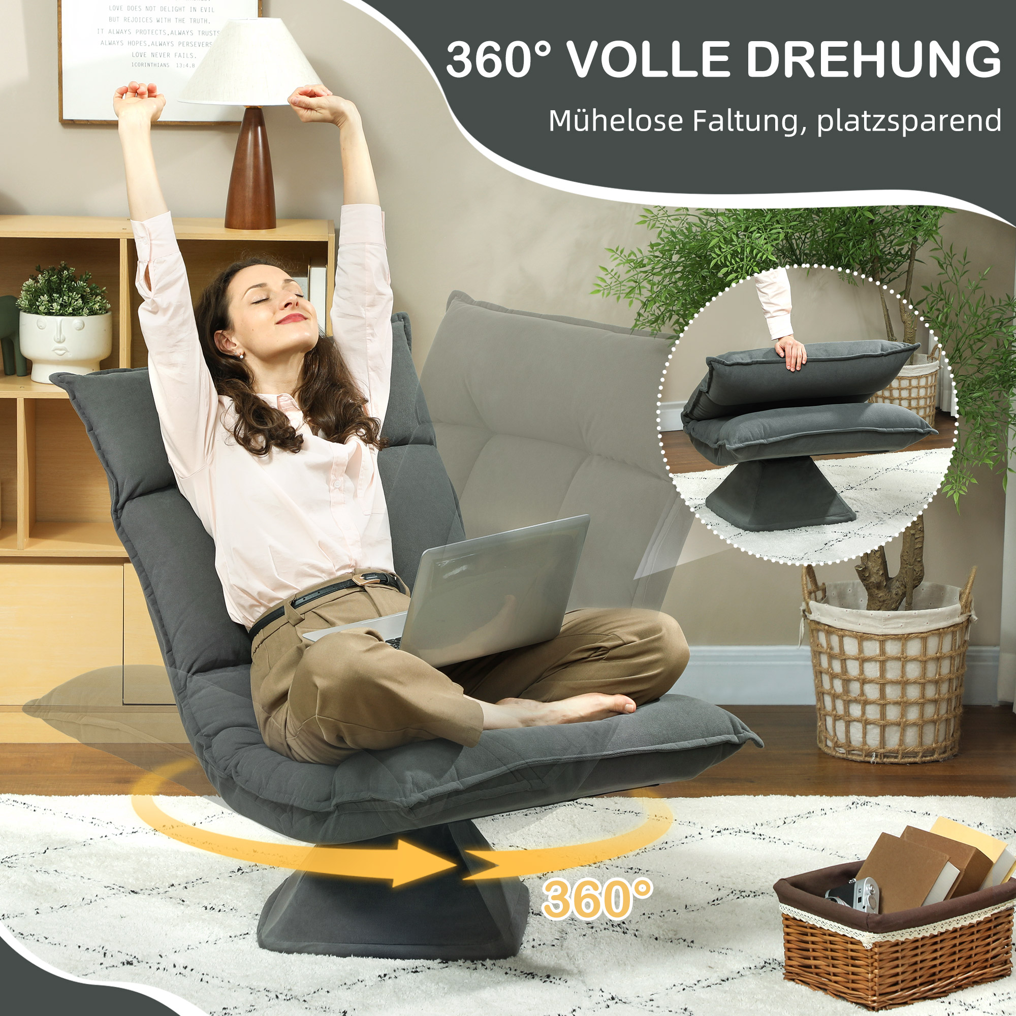 Bodensessel mit 5-fach verstellbarer Rückenlehne, drehbar, moderner Polsterstuhl, Dunkelgrau