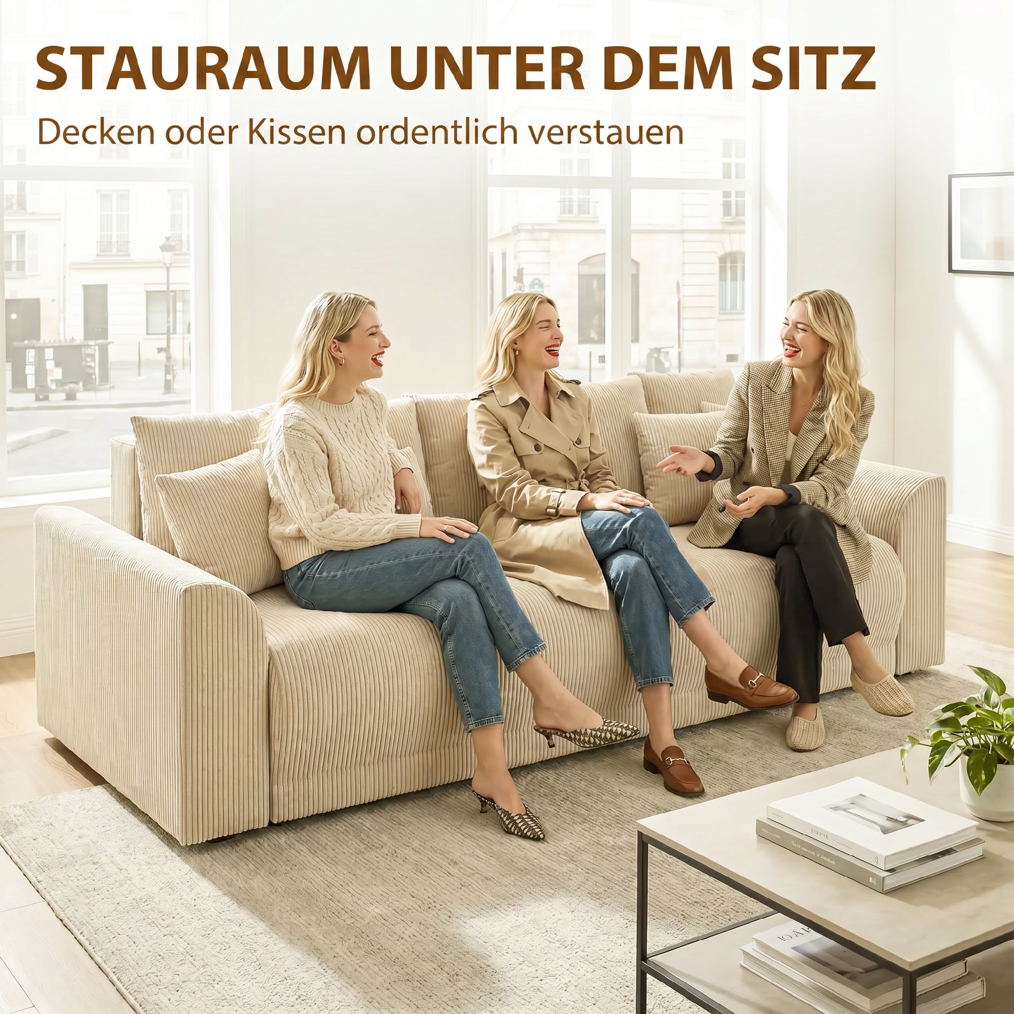 Schlafsofa 190x150cm 3-Sitzer Sofa mit Schlaffunktion, Kissen, Stauraum, Cord-Optik für Wohnzimmer, Beige