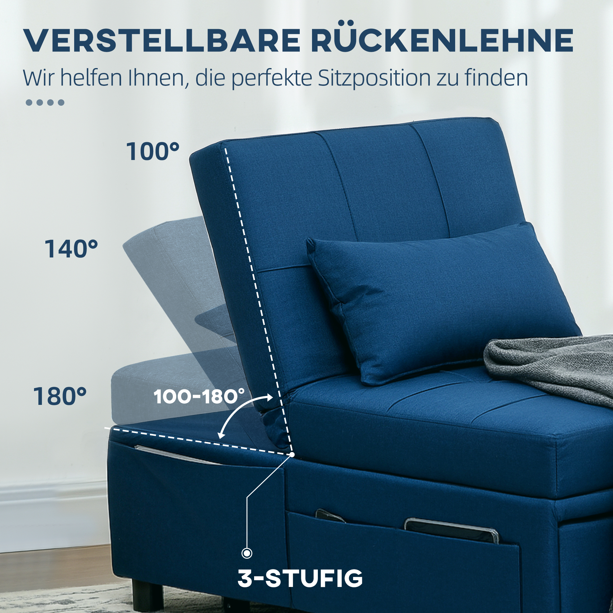3-in-1 Klappsessel mit Seitentasche, Gästebett mit Kissen, Verstellbarer Rückenlehne, Bettsessel mit Rollen, Blau