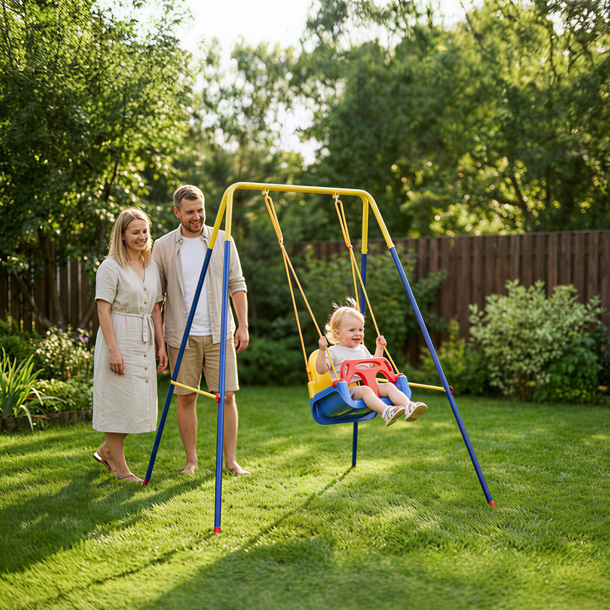 Faltbar Schaukelgestell mit A-Rahmen, 2 Haken, 4 Bodenankern, für 9 Monate bis 8 Jahre Kinder 128x155x157 cm Blau
