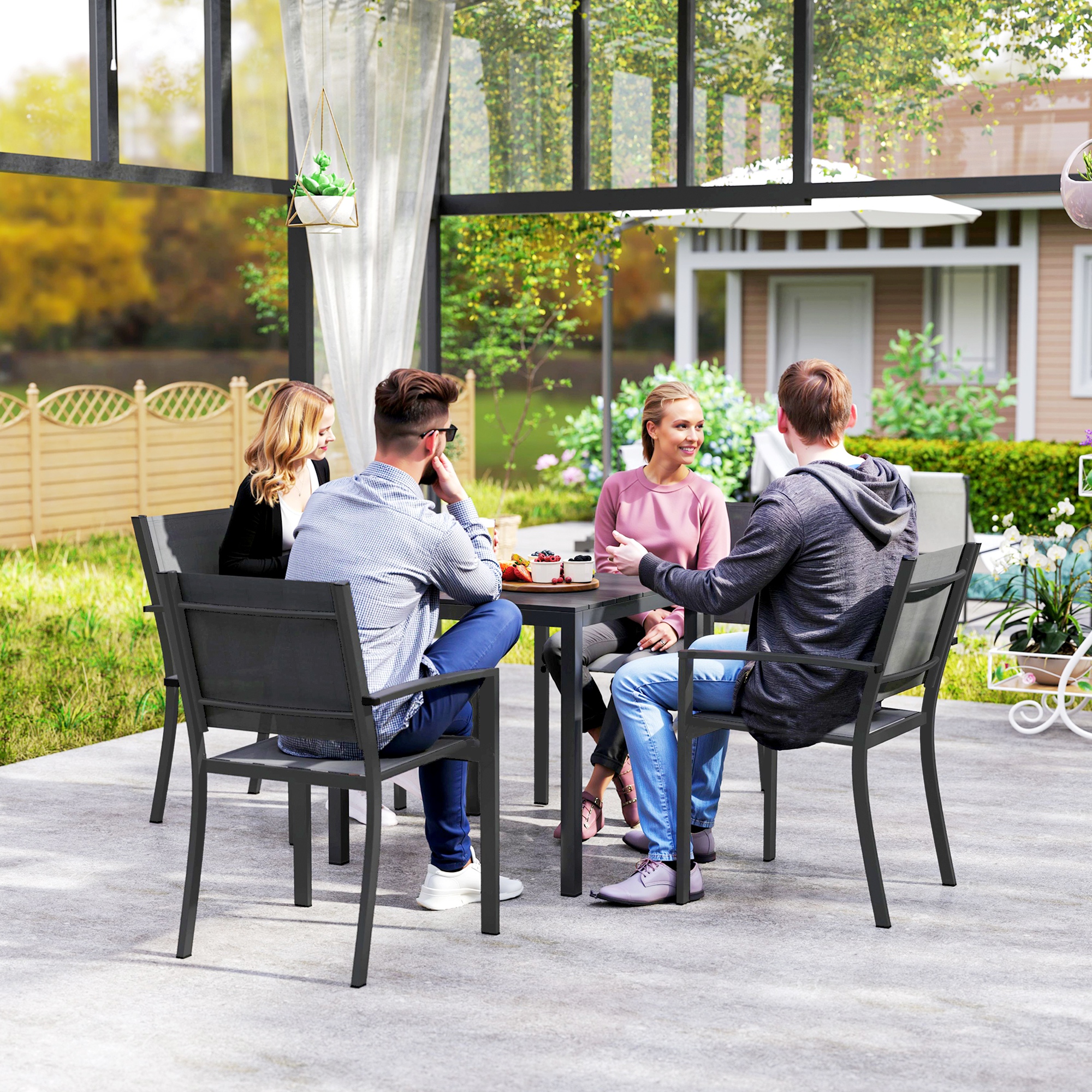 Gartentisch Aluminium 73x73 cm Wetterfest Buffettisch mit Holzoptik, Campingtisch für 4 Personen Schwarz