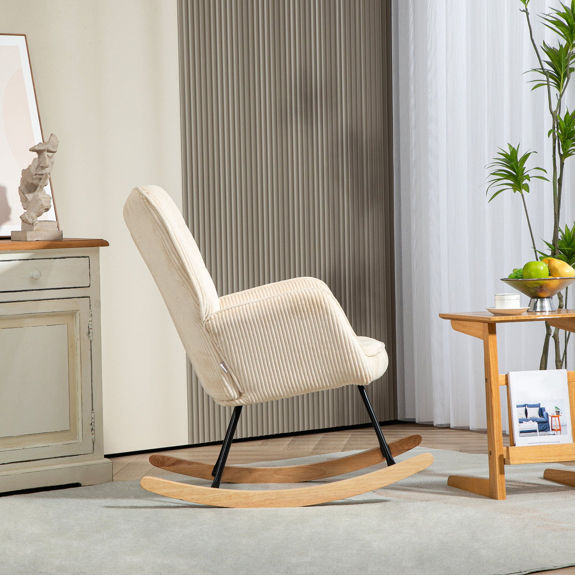 Vintage Schaukelstuhl, geschwungene Kufen, dicke Polsterung, Buchenholz & Stahl, Beige