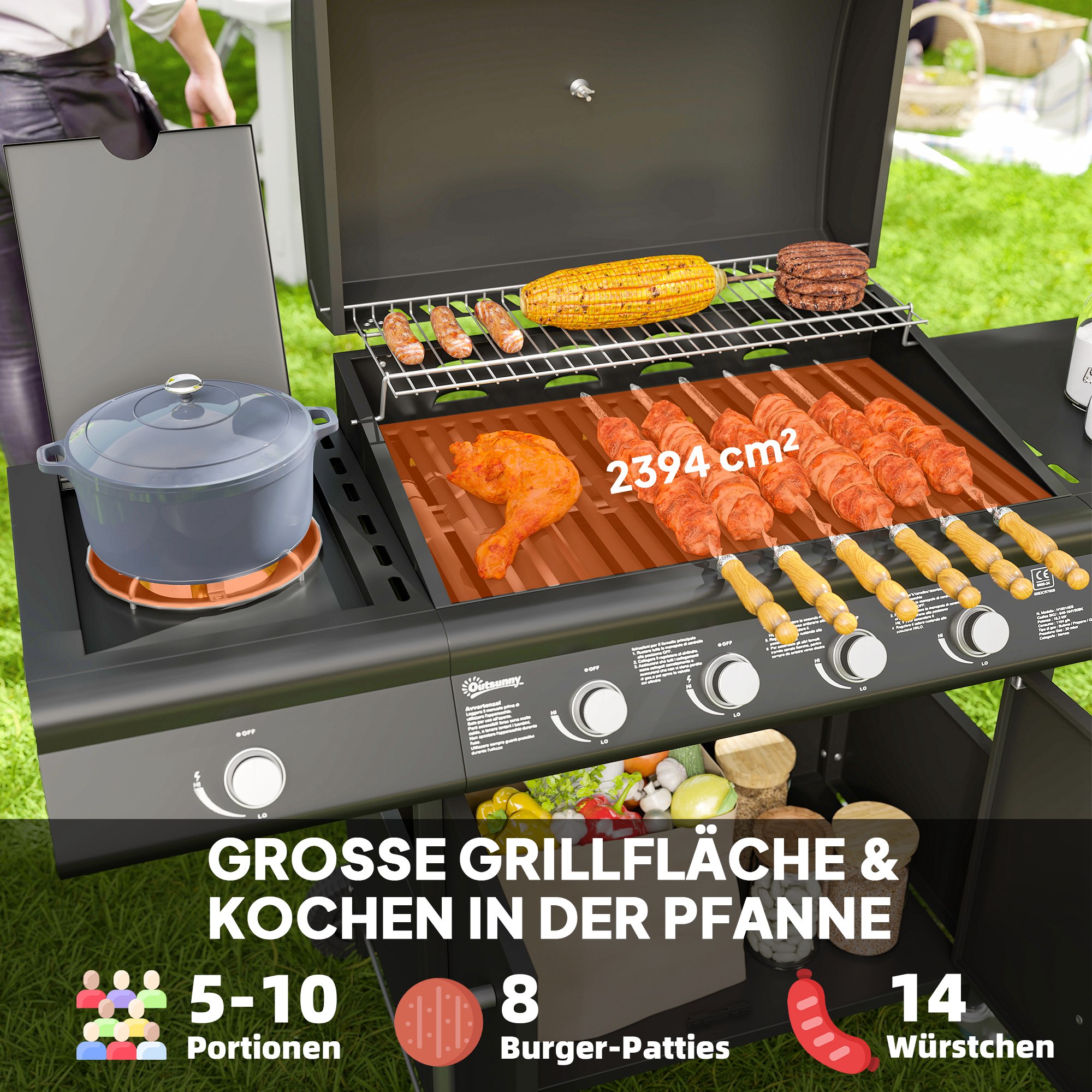 Gasgrill 15,2 KW Grillwagen inkl 5 Edelstahl-Brenner Rolle Seitenkocher 129,5 x 56 x 110 cm Schwarz