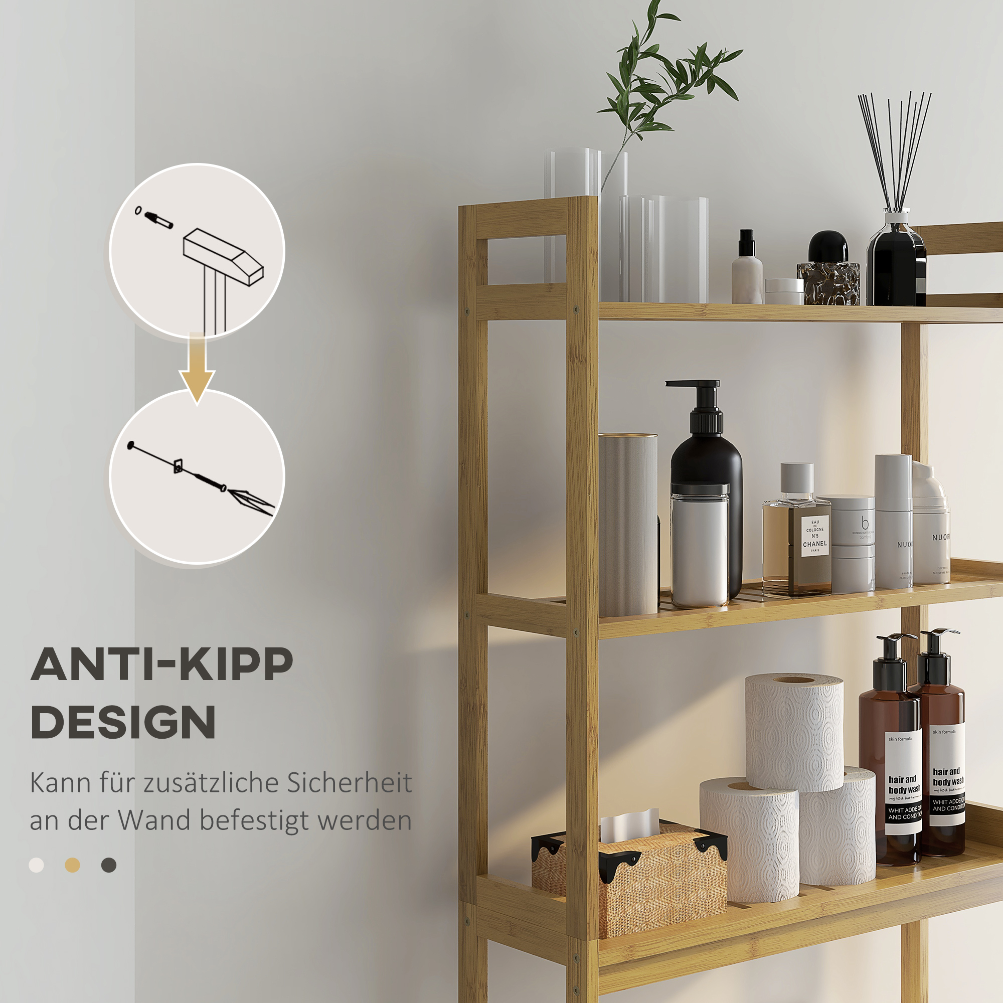 Badezimmerregal Badregal Toilettenregal, 3 Regale, wasserbeständig, 68 cm x 20 cm x 165 cm, Natur