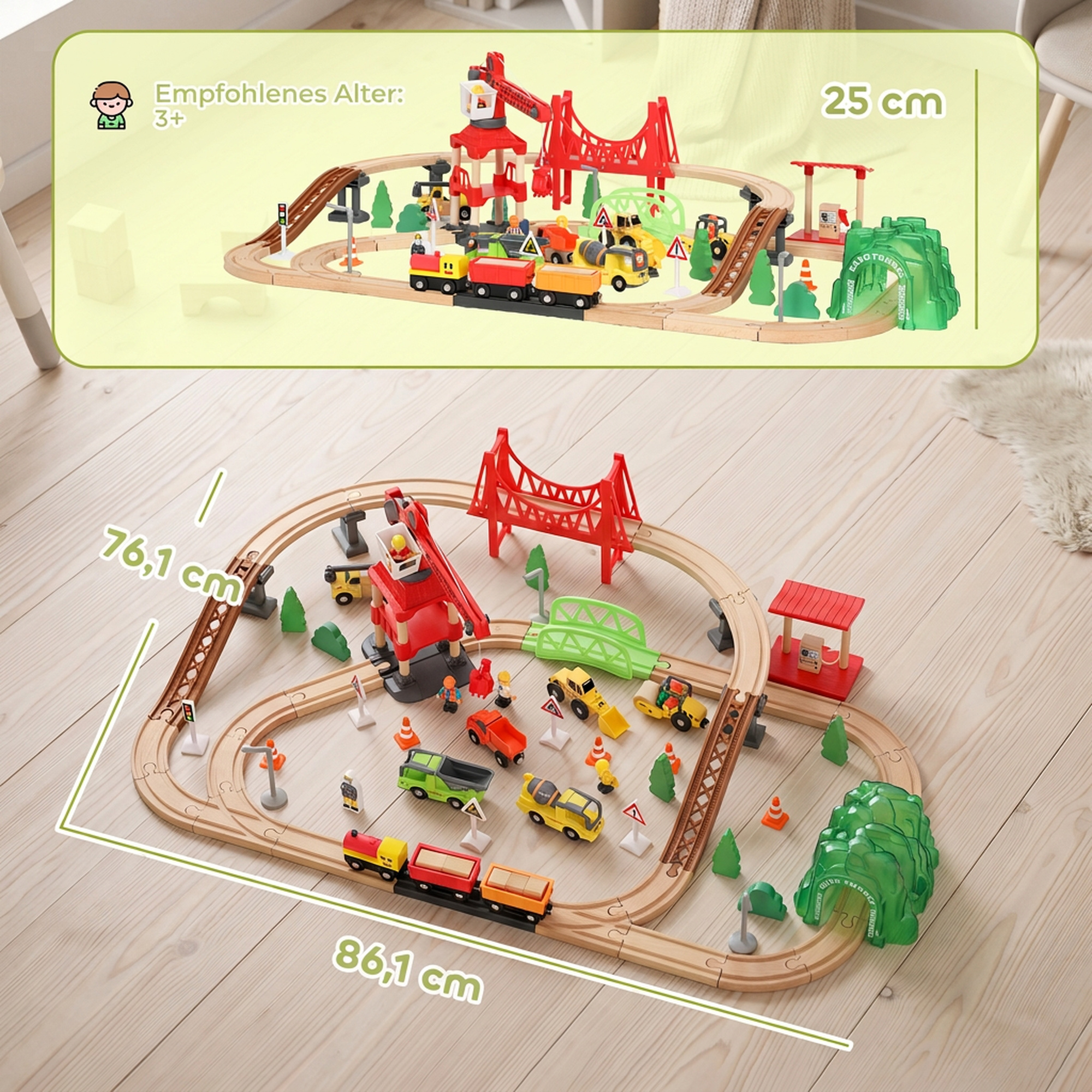 Holzeisenbahn Set 91 Stück Eisenbahn Set mit Kran Zügen Baufahrzeugen, Schienen Brücke für Kinder ab 3 Jahren
