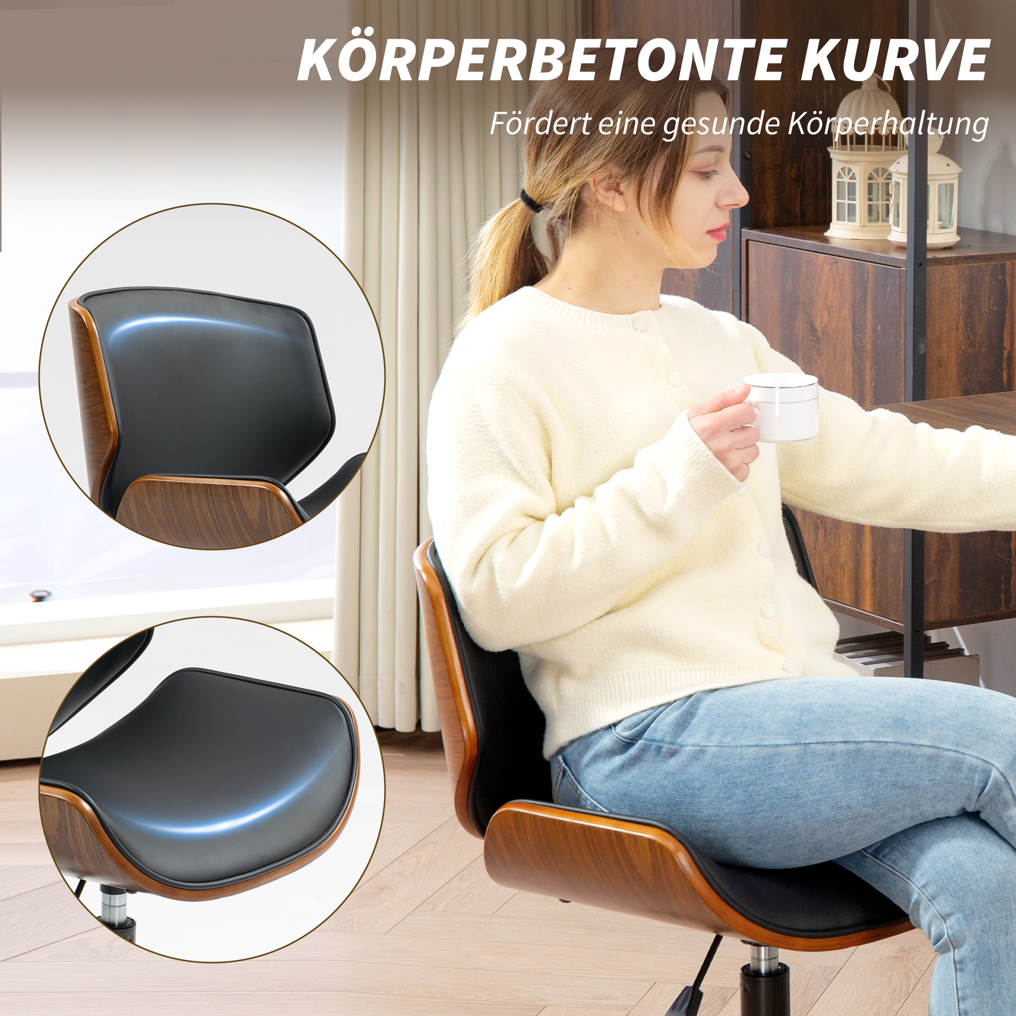 Homeoffice Stuhl aus Kunstleder höhenverstellbar Drehstuhl bis 135 kg belastbar 52 x 54 x 74-84 cm Schwarz+Walnussbraun