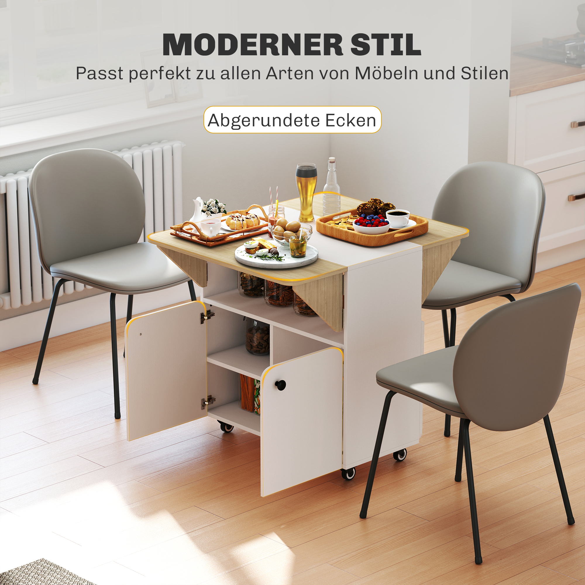 Klapptisch Rollschrank, zwei klappbare Tischseiten, Schrankfach, 4 Rollen, Weiß+Naturholz, 70 x 83 x 75cm